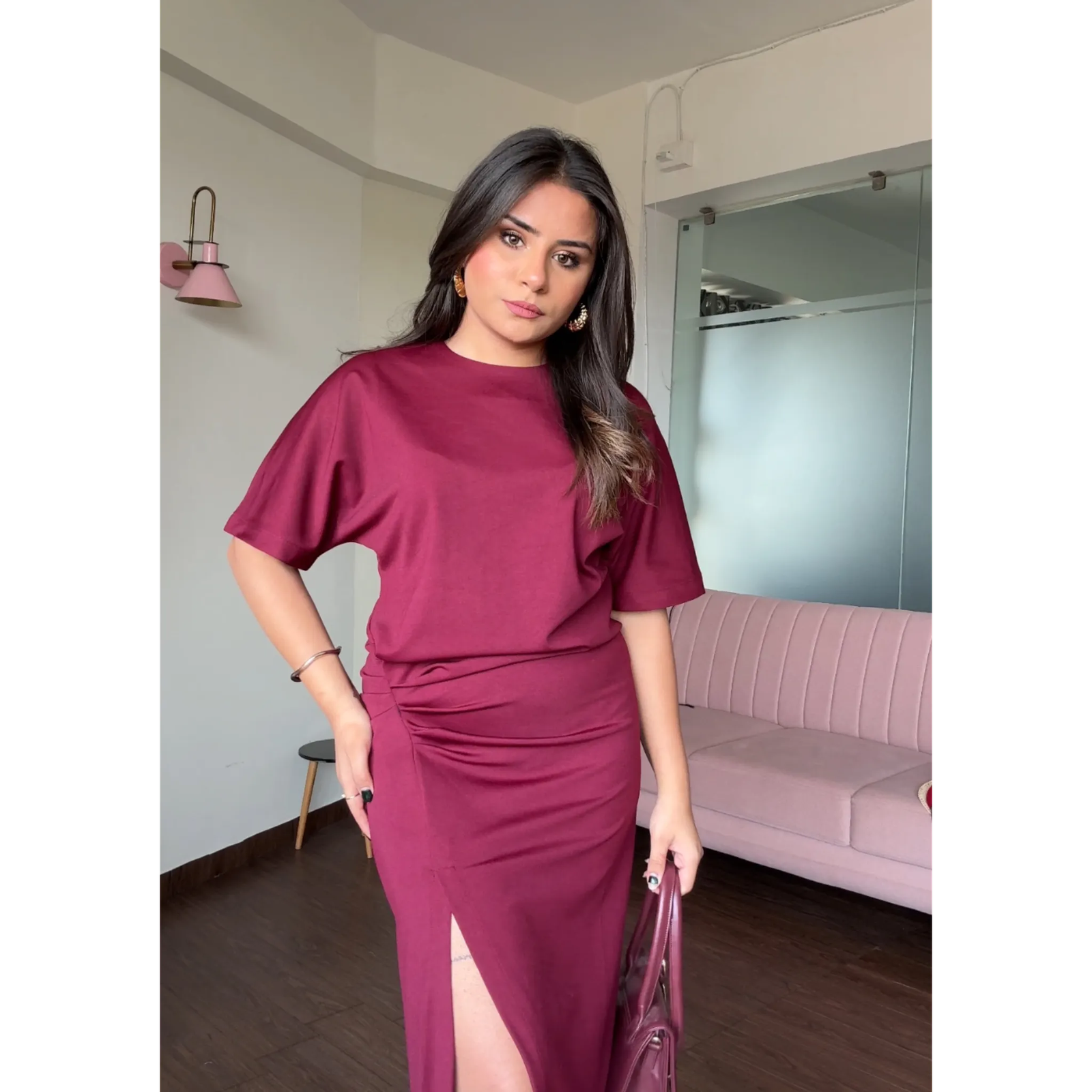 Ruched T-Shirt Dress With Slit