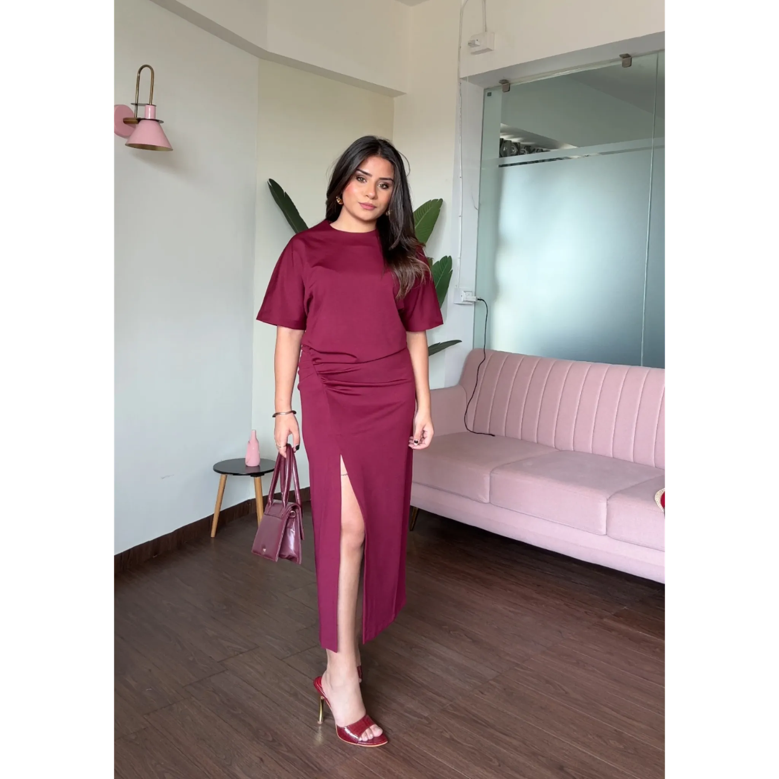 Ruched T-Shirt Dress With Slit