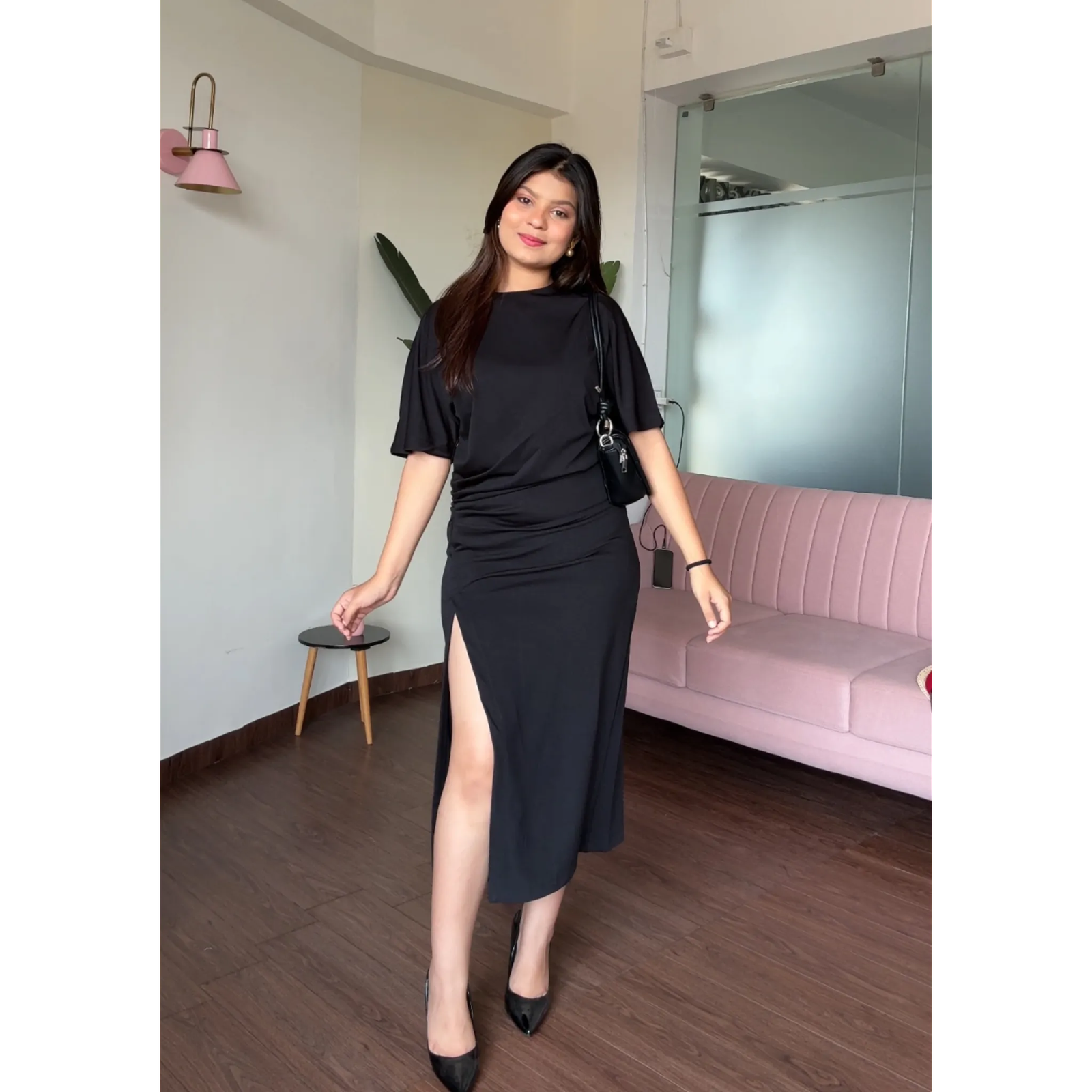 Ruched T-Shirt Dress With Slit