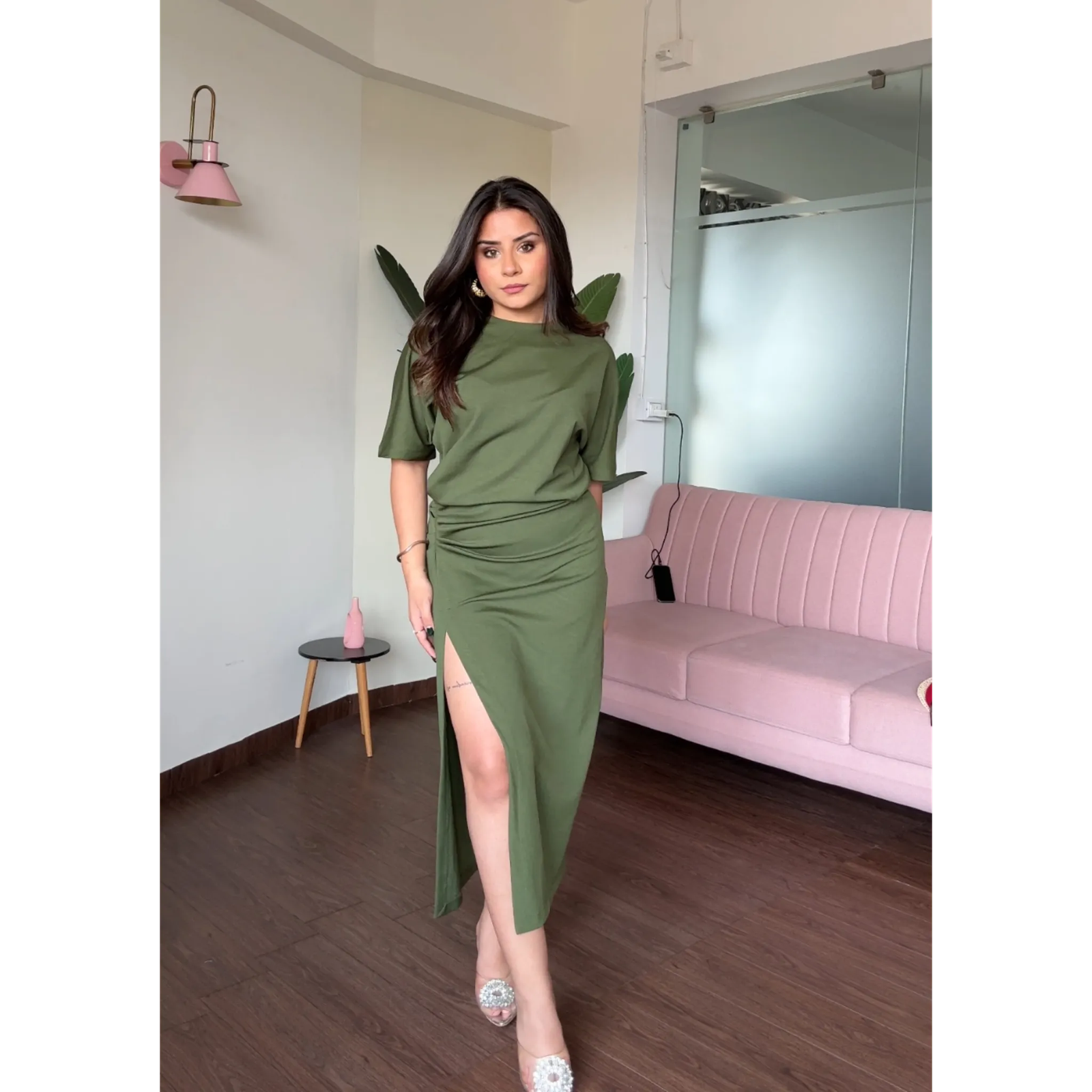 Ruched T-Shirt Dress With Slit