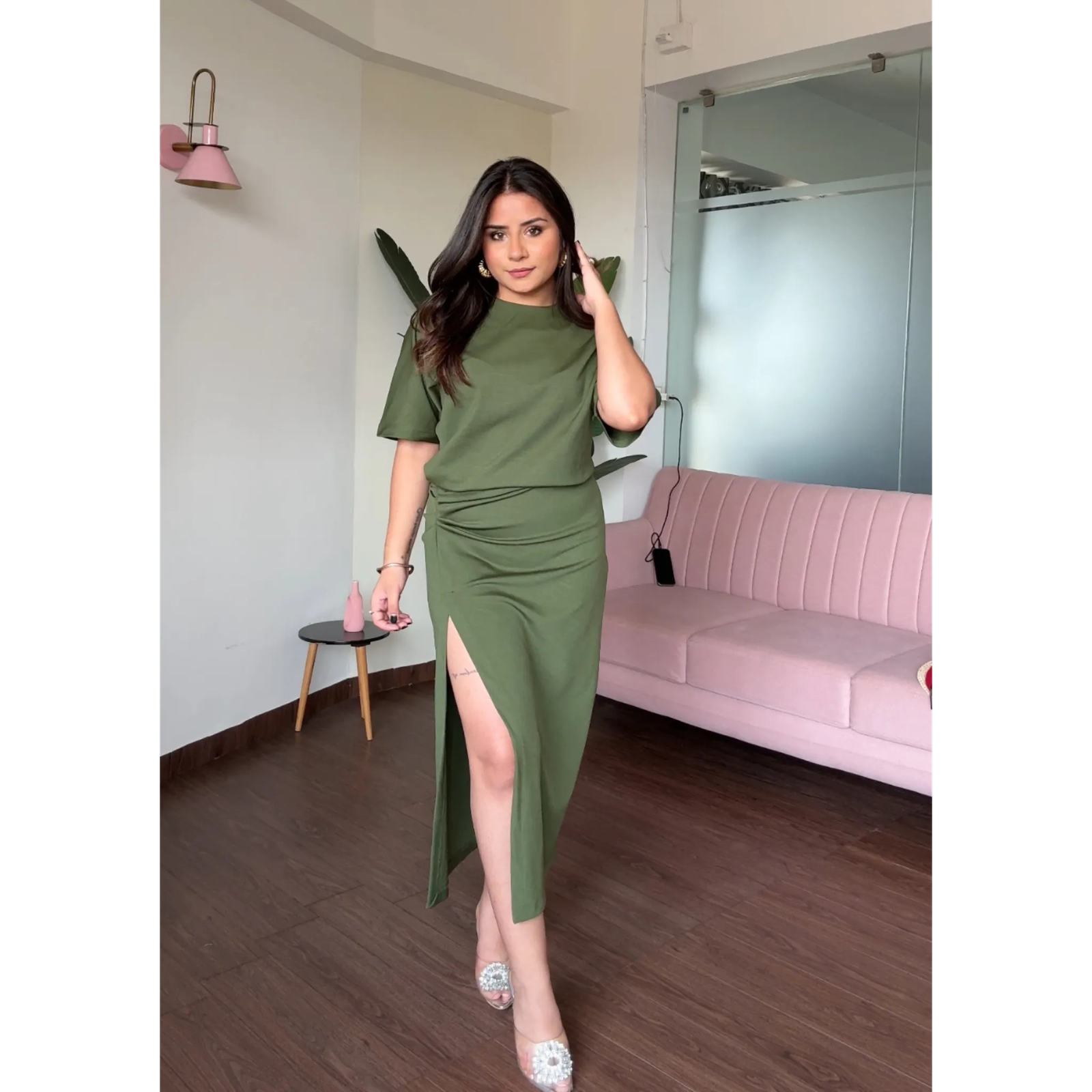 Ruched T-Shirt Dress With Slit