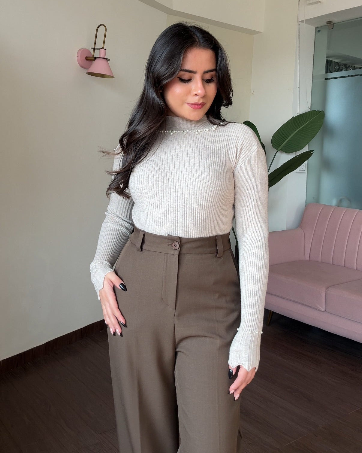 High Neck Ribbed Pearl Detailing Top