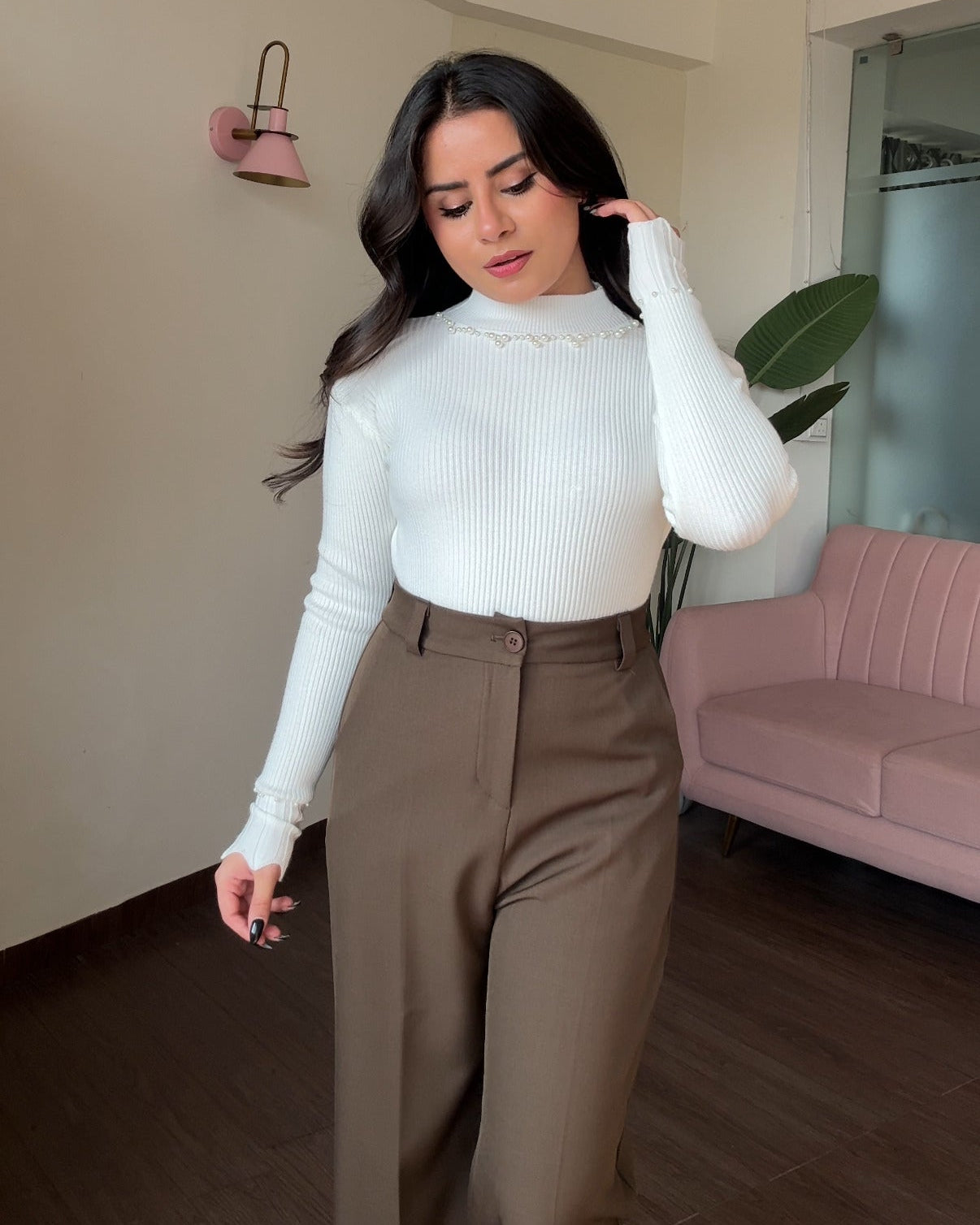 High Neck Ribbed Pearl Detailing Top