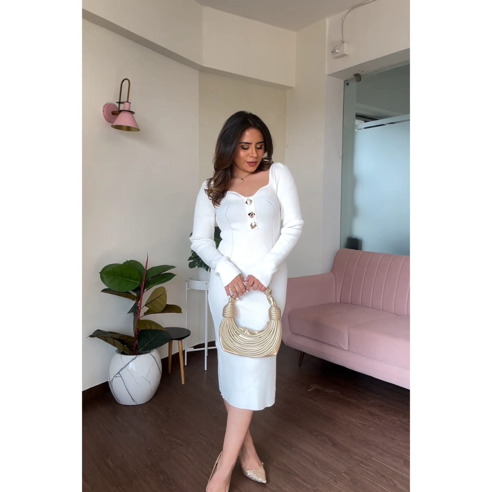 Golden Button Ribbed Knit Dress