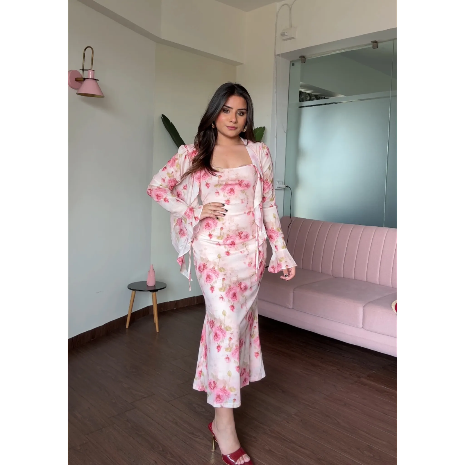 Floral Printed Midi Dress With Ruffle Shrug