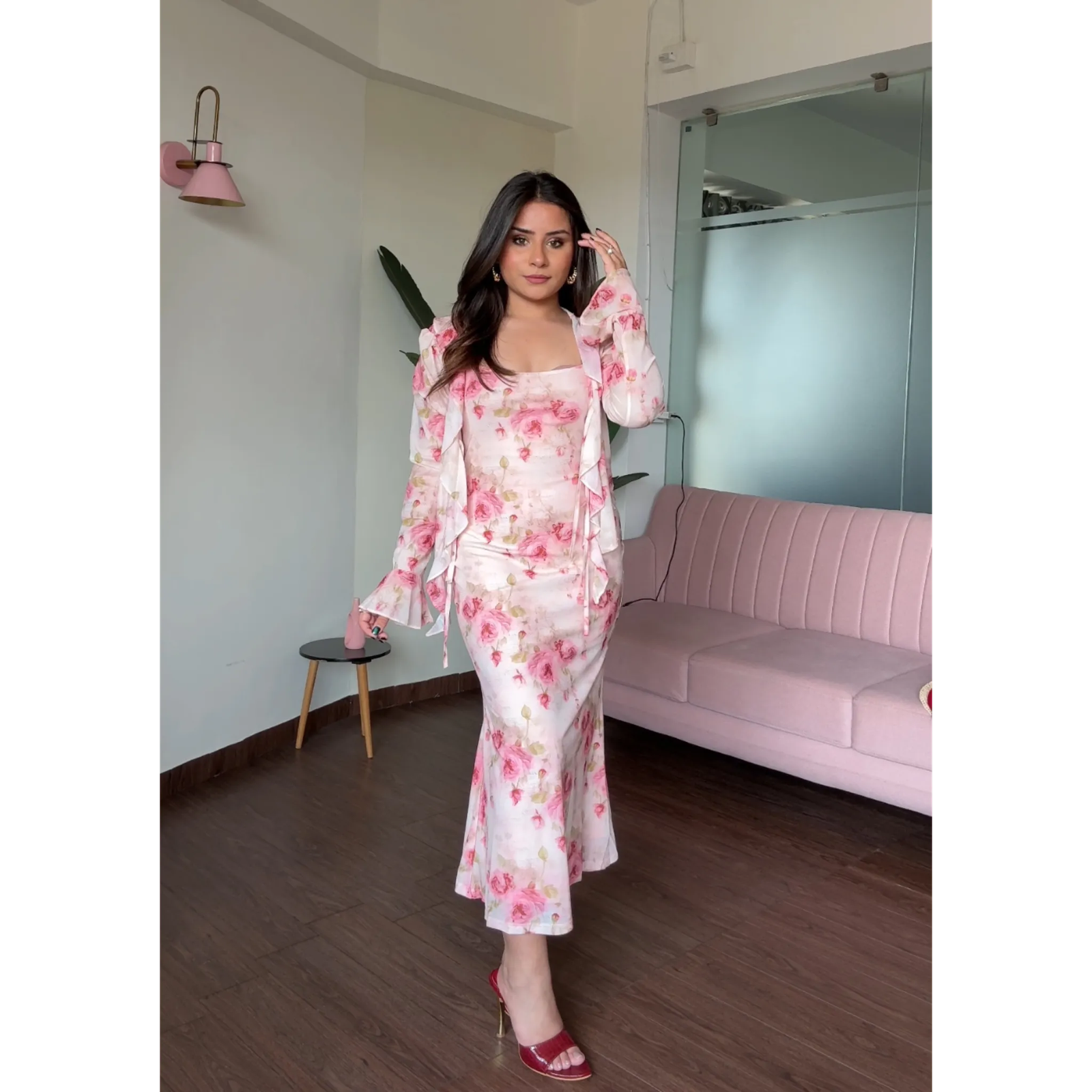 Floral Printed Midi Dress With Ruffle Shrug