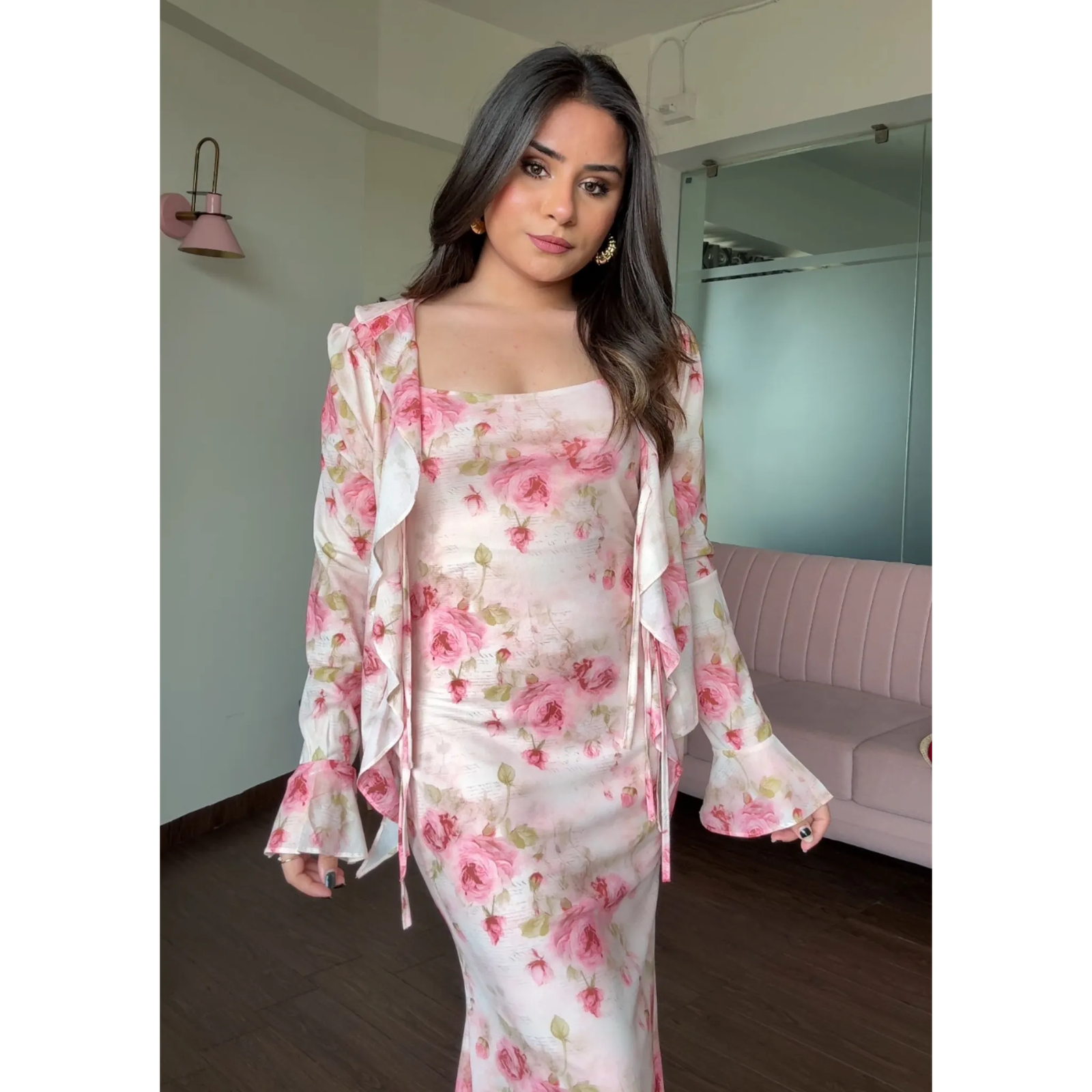 Floral Printed Midi Dress With Ruffle Shrug