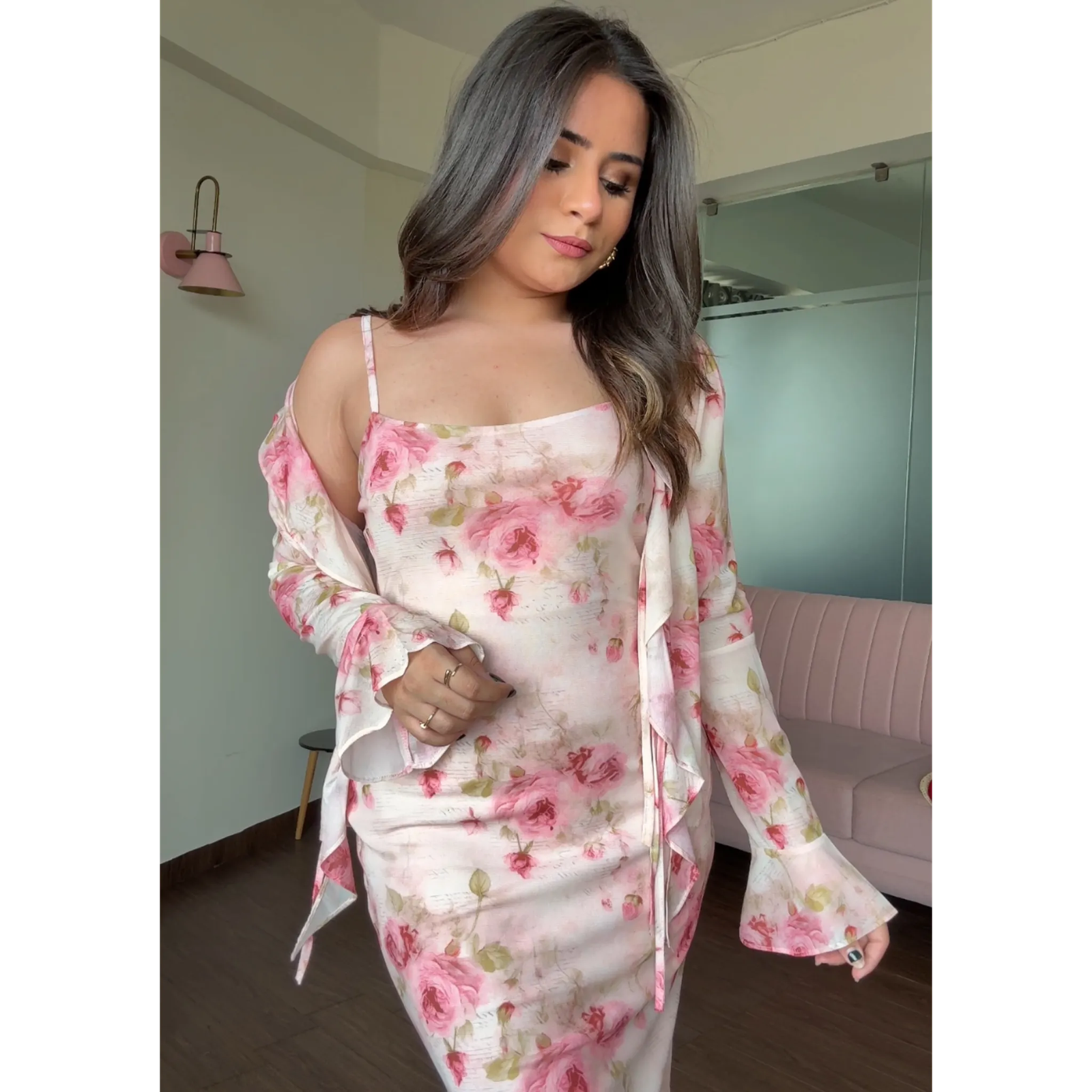 Floral Printed Midi Dress With Ruffle Shrug