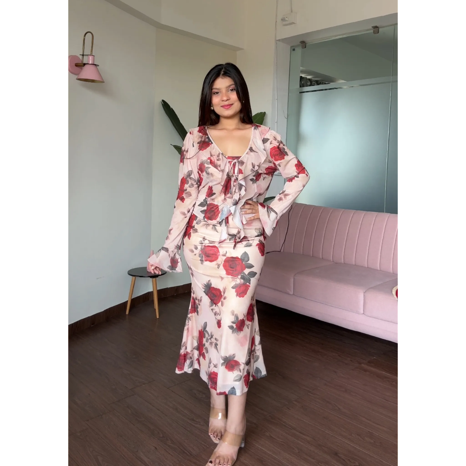 Floral Printed Midi Dress With Ruffle Shrug