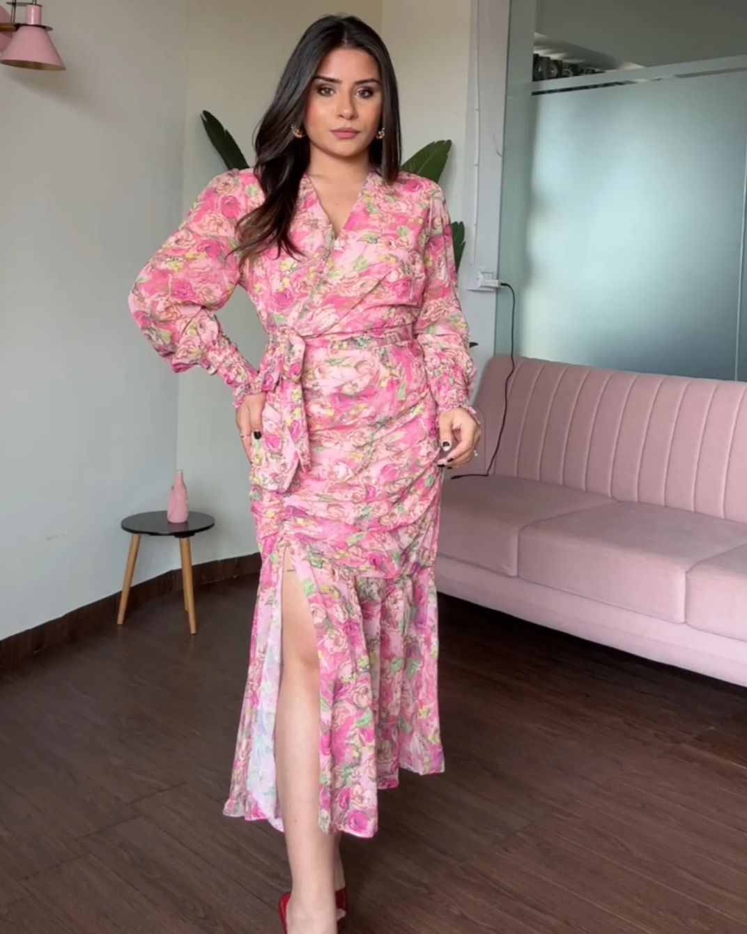 Floral V Neck Flared Ruched Dress With Smoked Sleeves