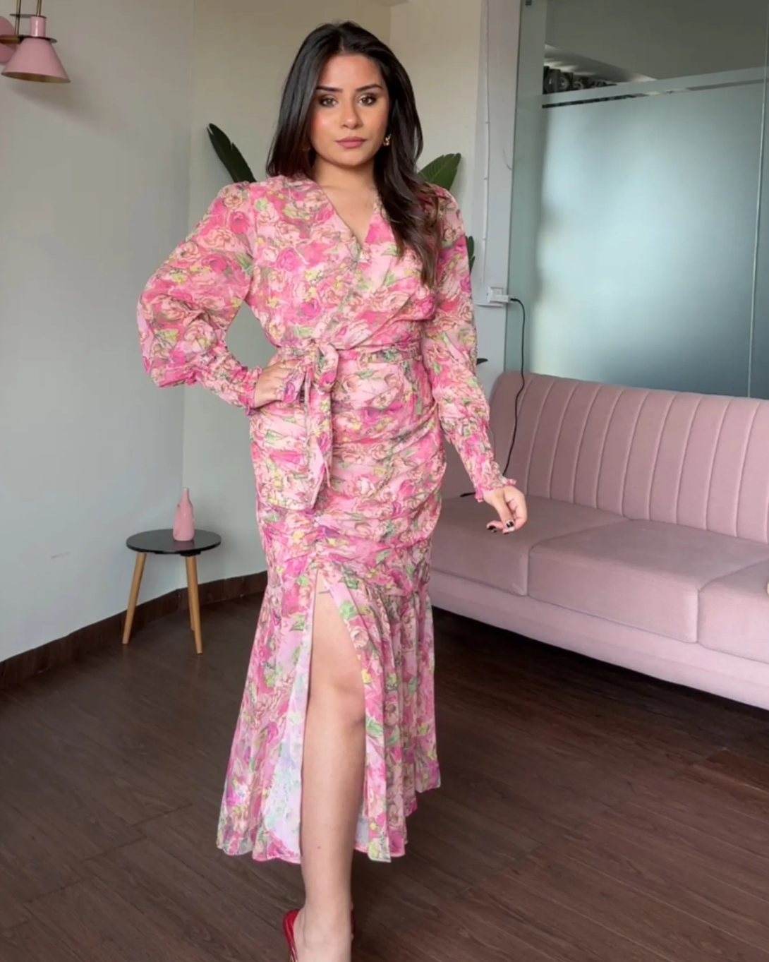 Floral V Neck Flared Ruched Dress With Smoked Sleeves