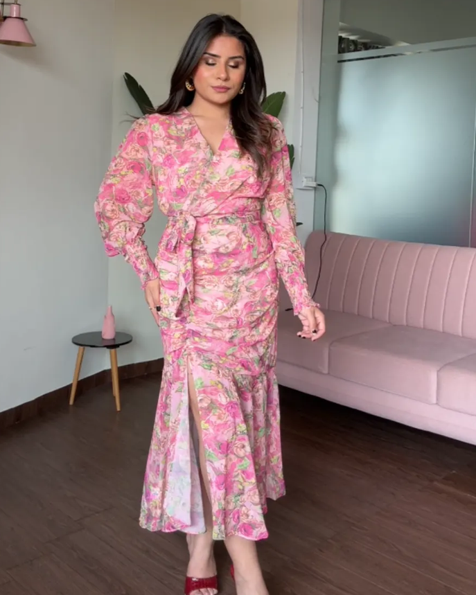 Floral V Neck Flared Ruched Dress With Smoked Sleeves