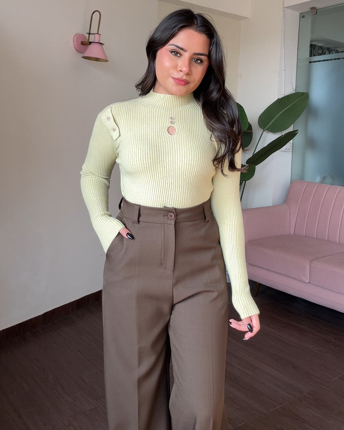 High Neck Ribbed Neck Cut Out Detailing Embellished Top