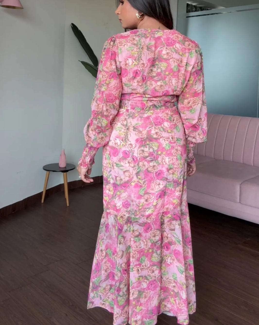 Floral V Neck Flared Ruched Dress With Smoked Sleeves