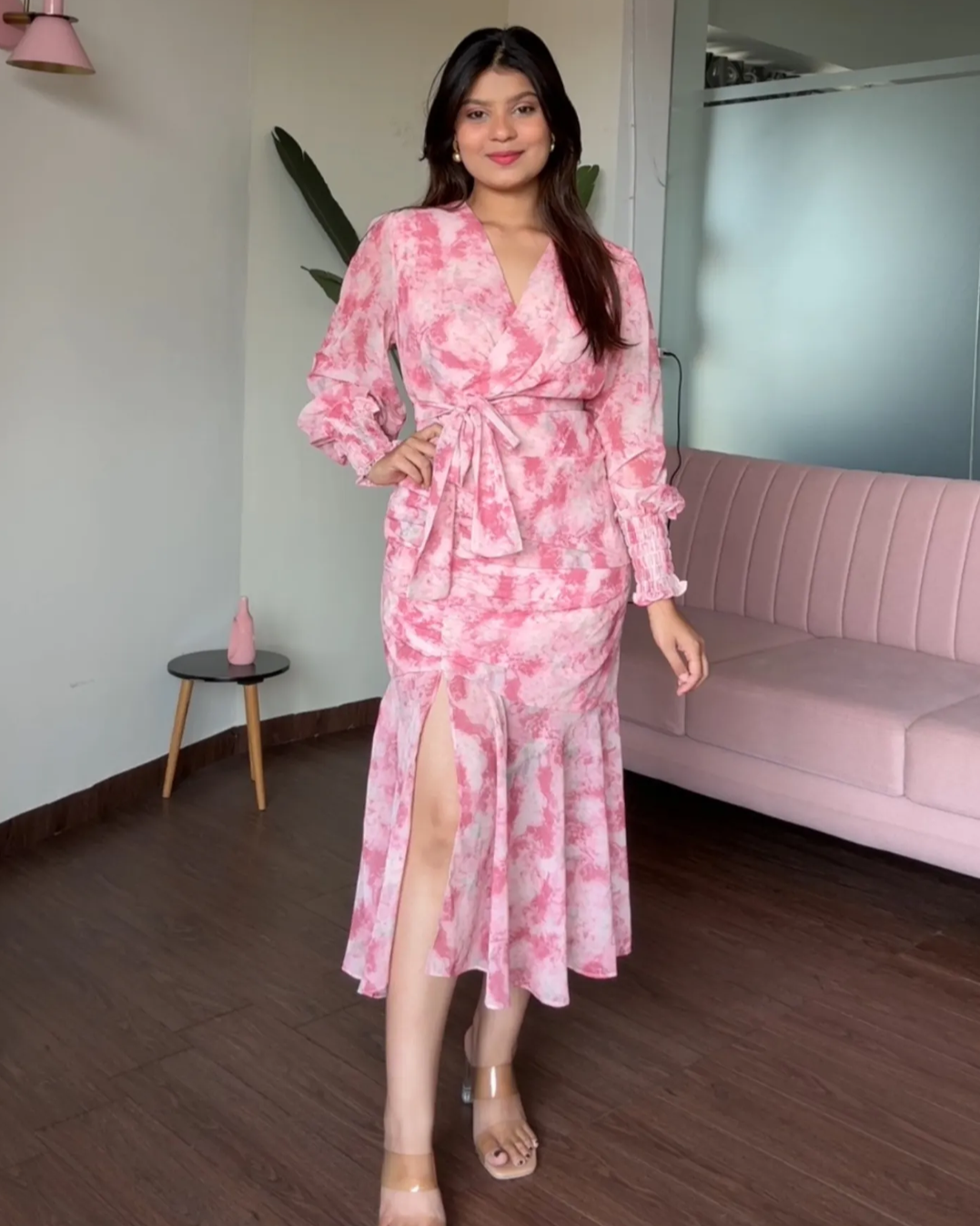 Floral V Neck Flared Ruched Dress With Smoked Sleeves