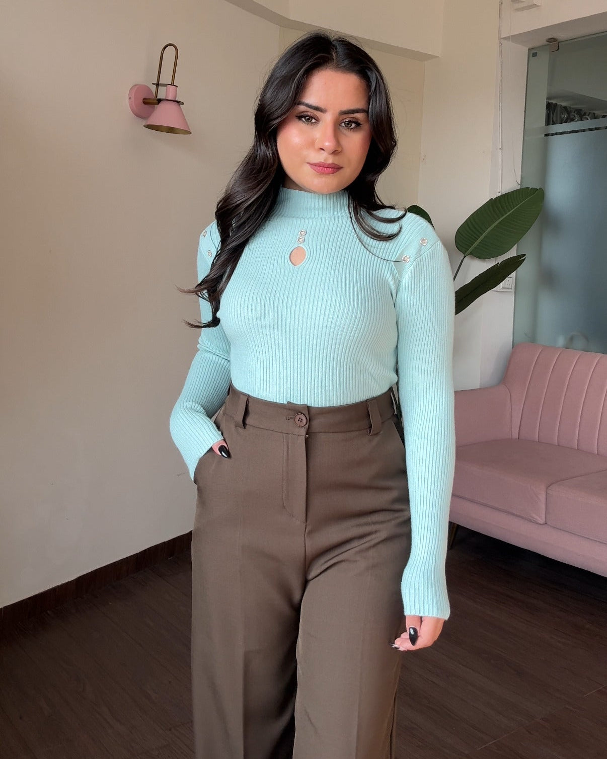 High Neck Ribbed Neck Cut Out Detailing Embellished Top