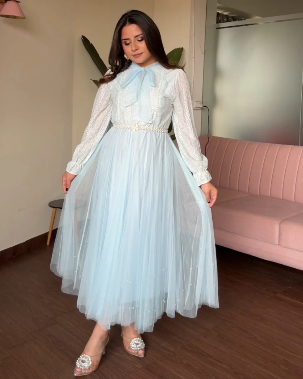 Pearl Lace Detailing Midi Dress With Pearl Belt