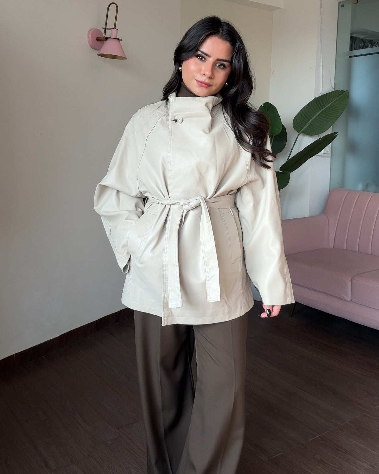 High Neck Korean Leather Trench Coat