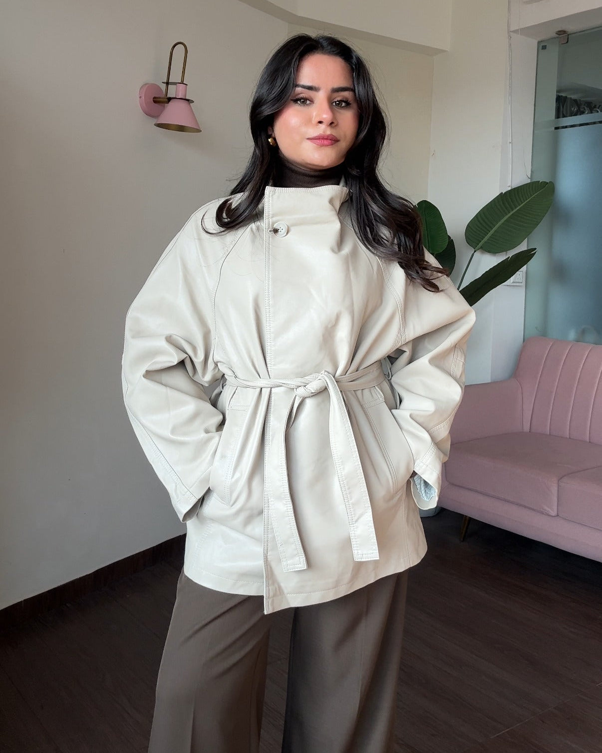 High Neck Korean Leather Trench Coat