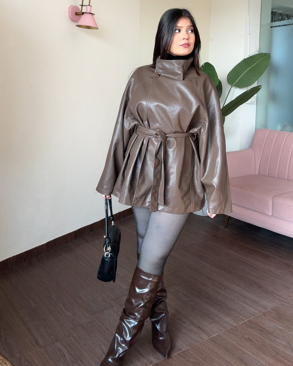 High Neck Korean Leather Trench Coat