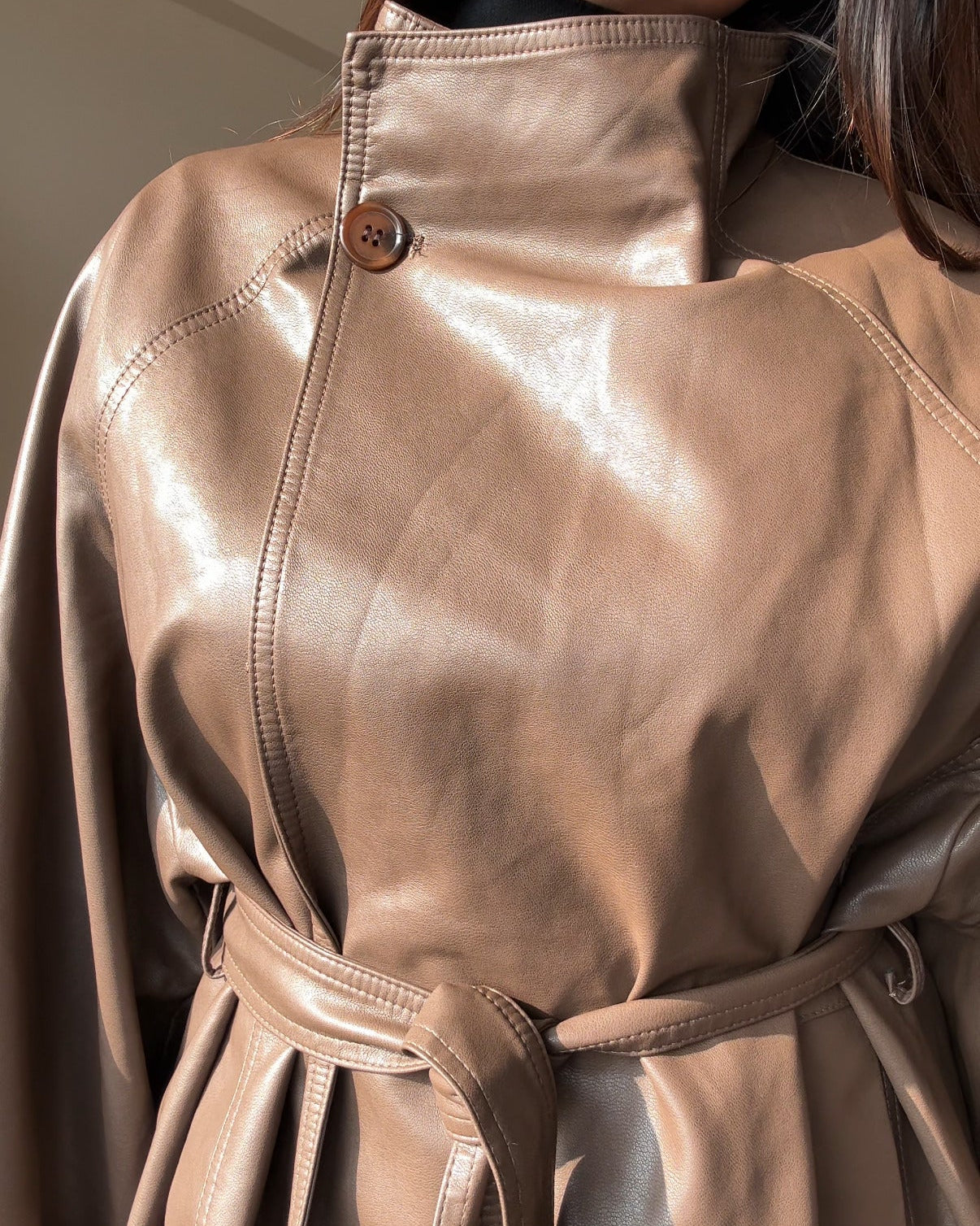 High Neck Korean Leather Trench Coat
