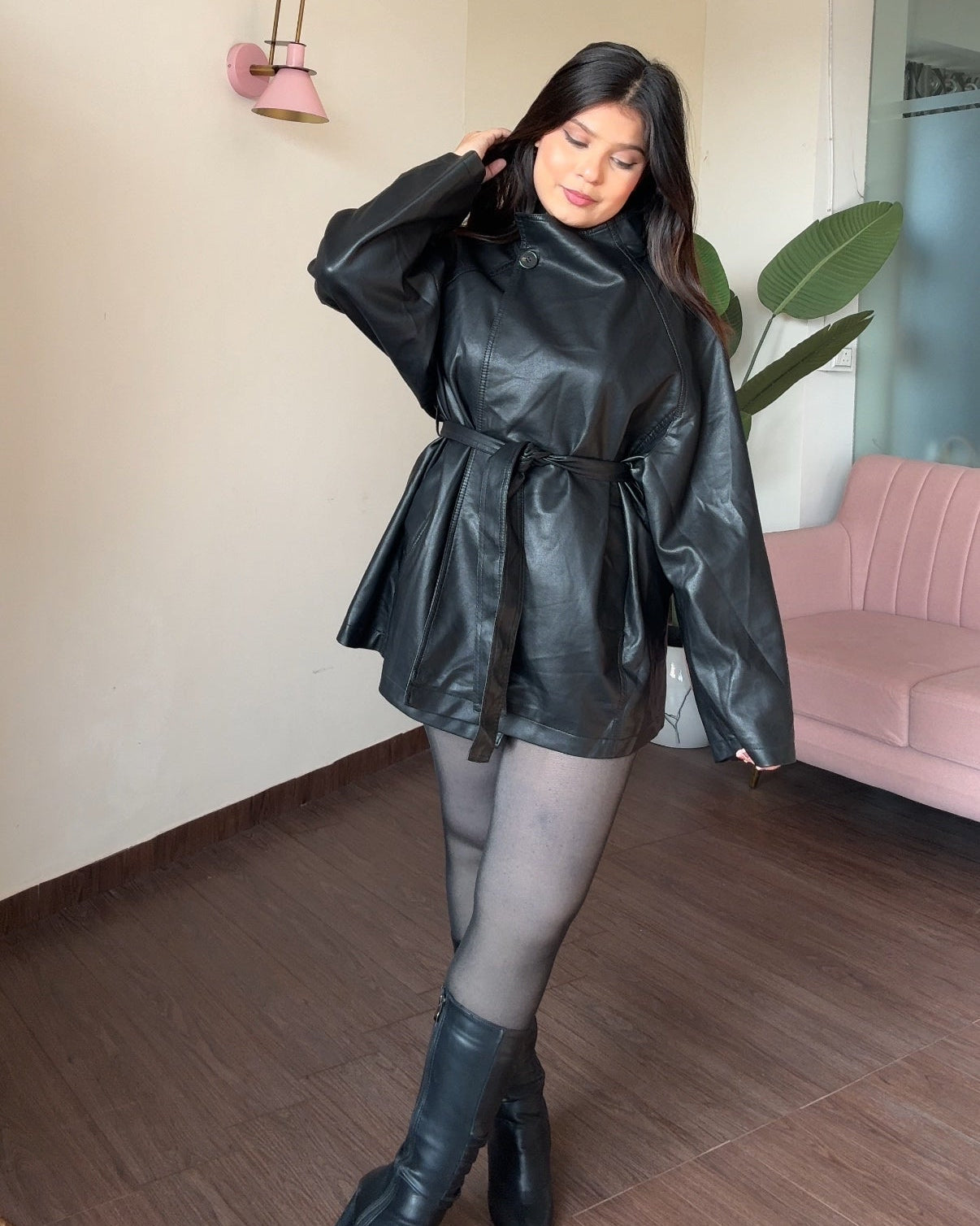 High Neck Korean Leather Trench Coat