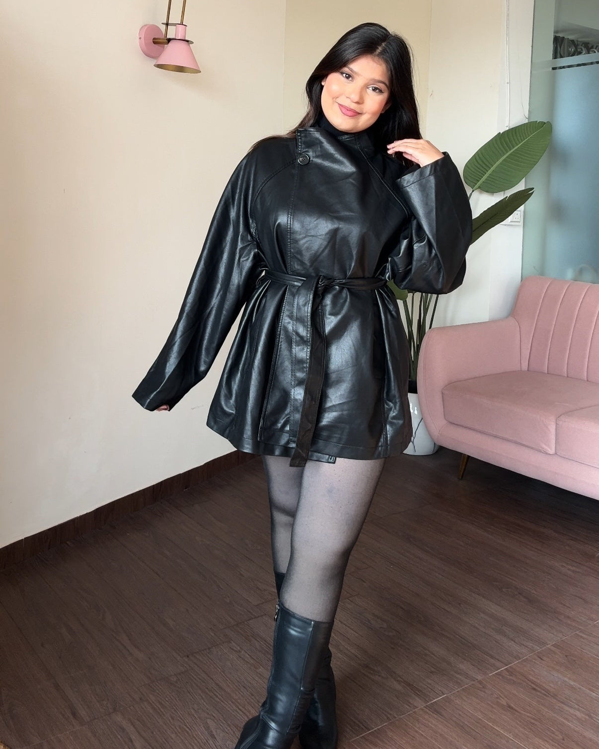 High Neck Korean Leather Trench Coat