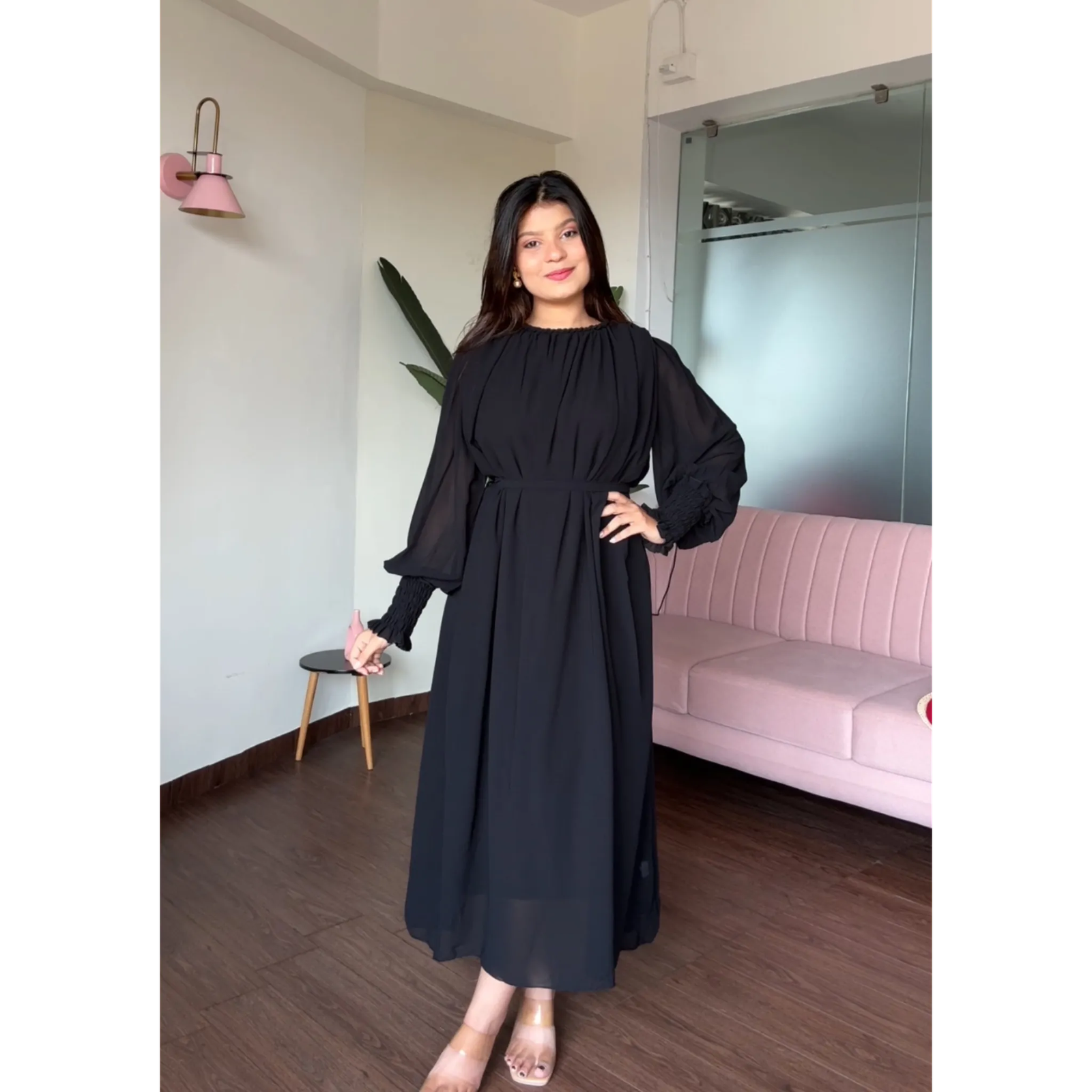 Free Size Flared Midi Dress With Belt