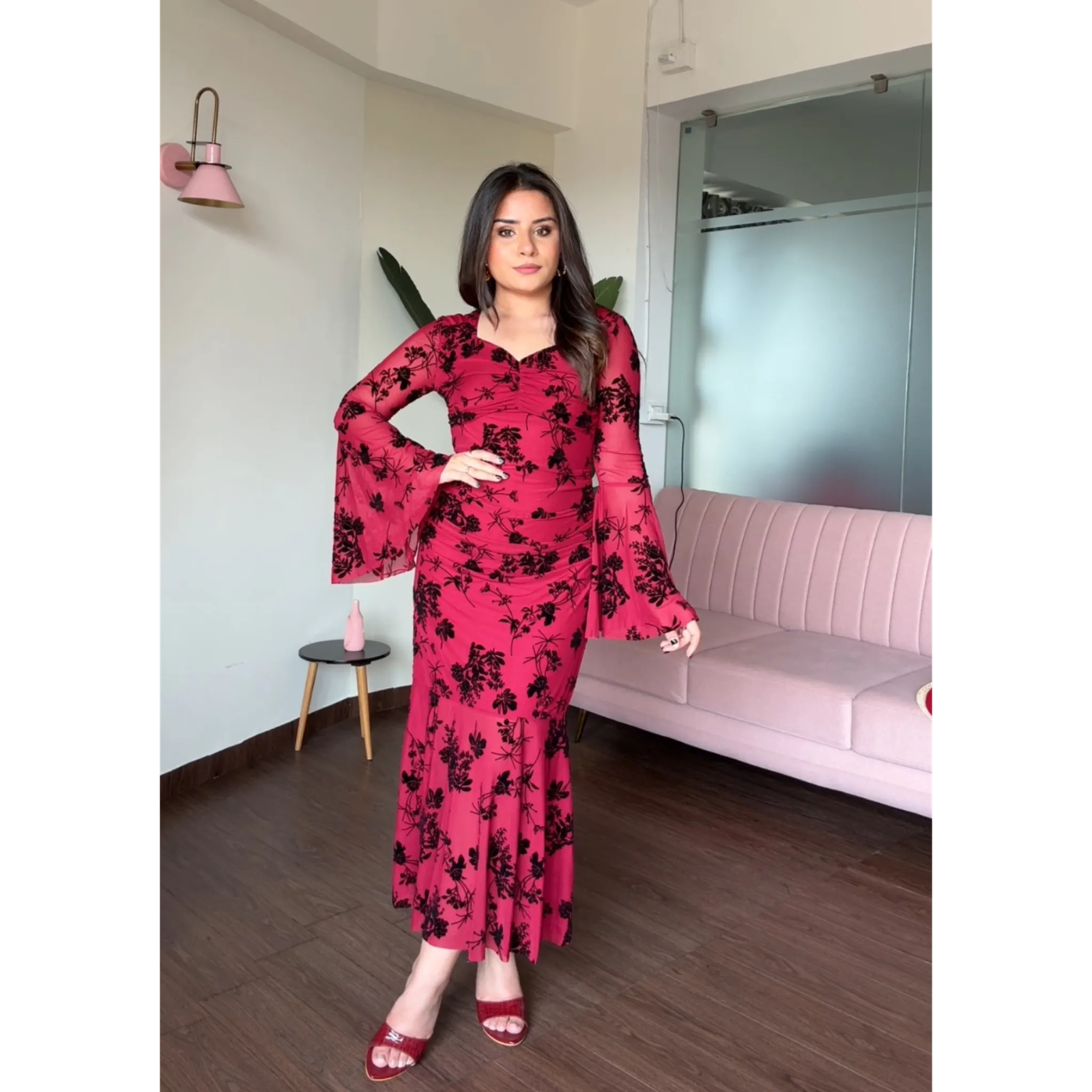 Mesh Bell Sleeves Fit And Flared Midi Dress