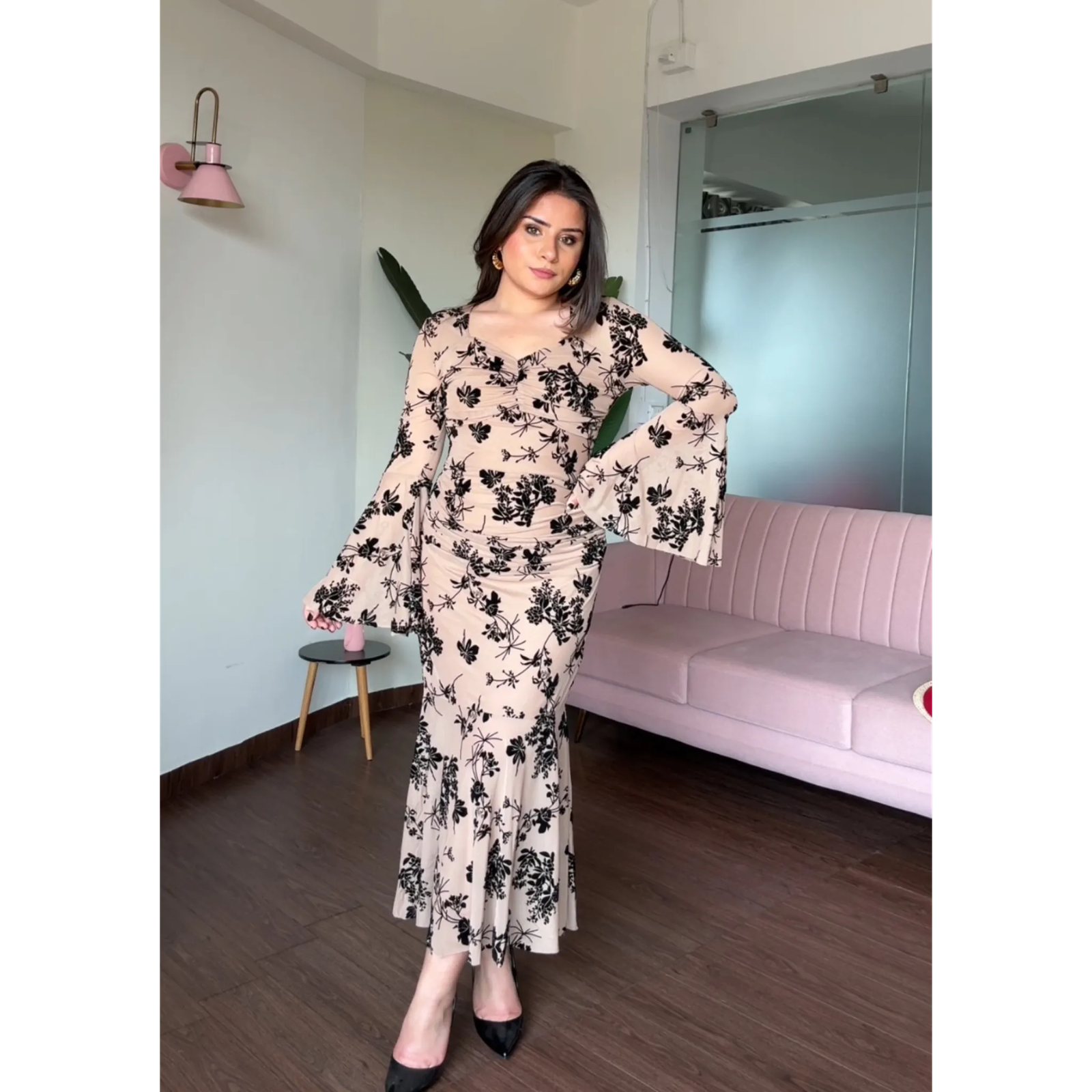 Mesh Bell Sleeves Fit And Flared Midi Dress