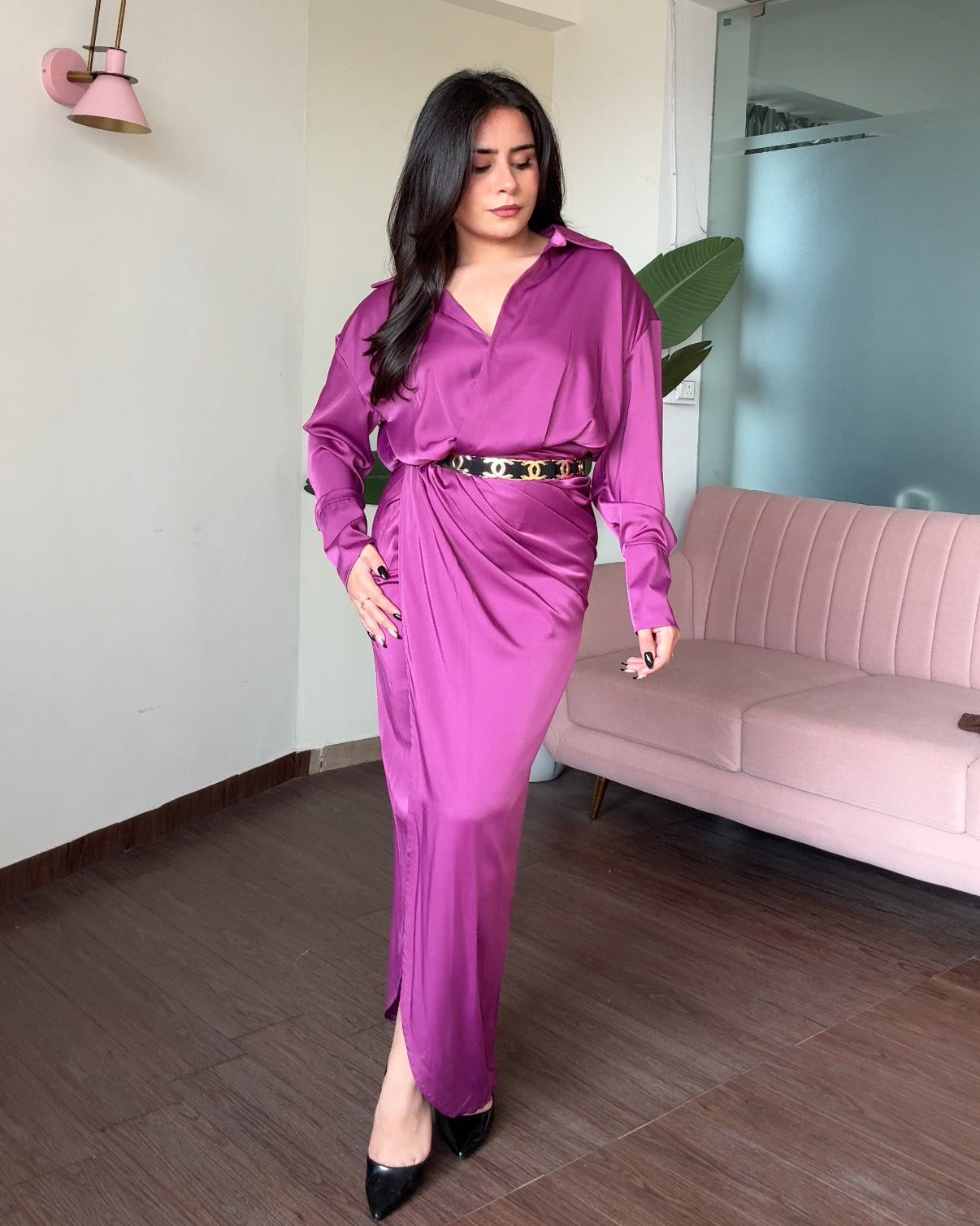 Collared Draped Satin Midi Dress With Belt