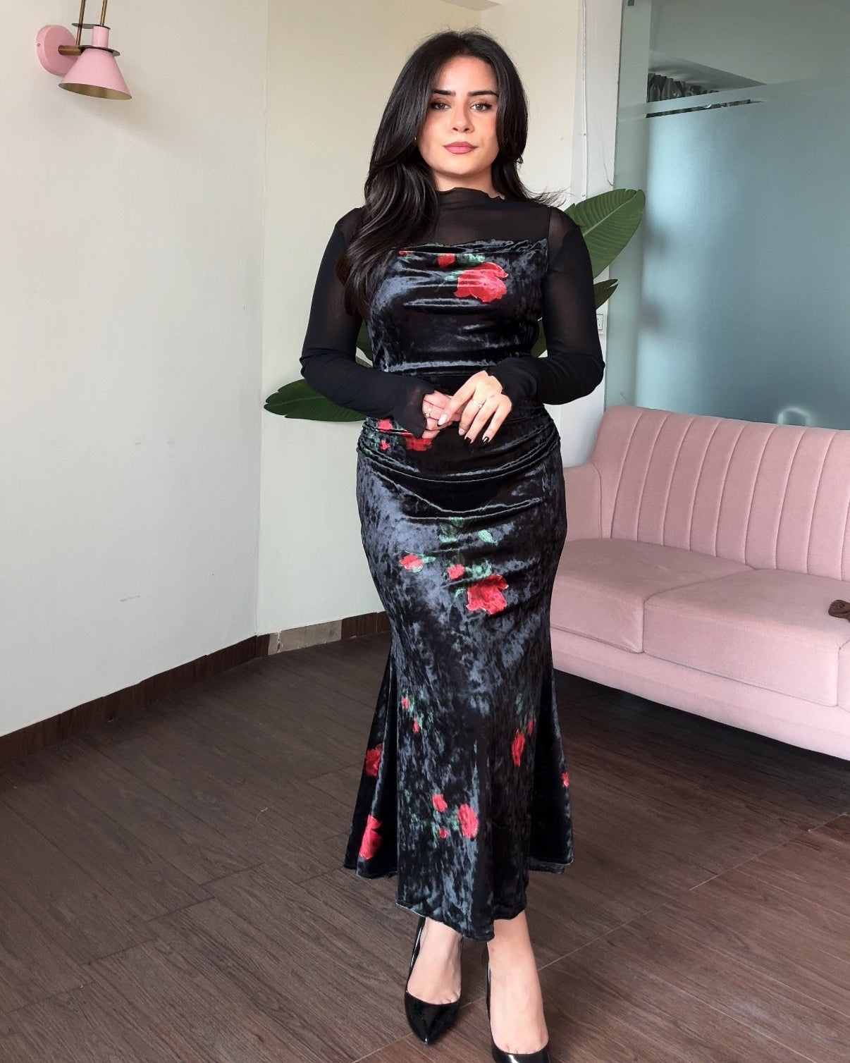 Printed Velvet Fitted Midi Dress With Inner