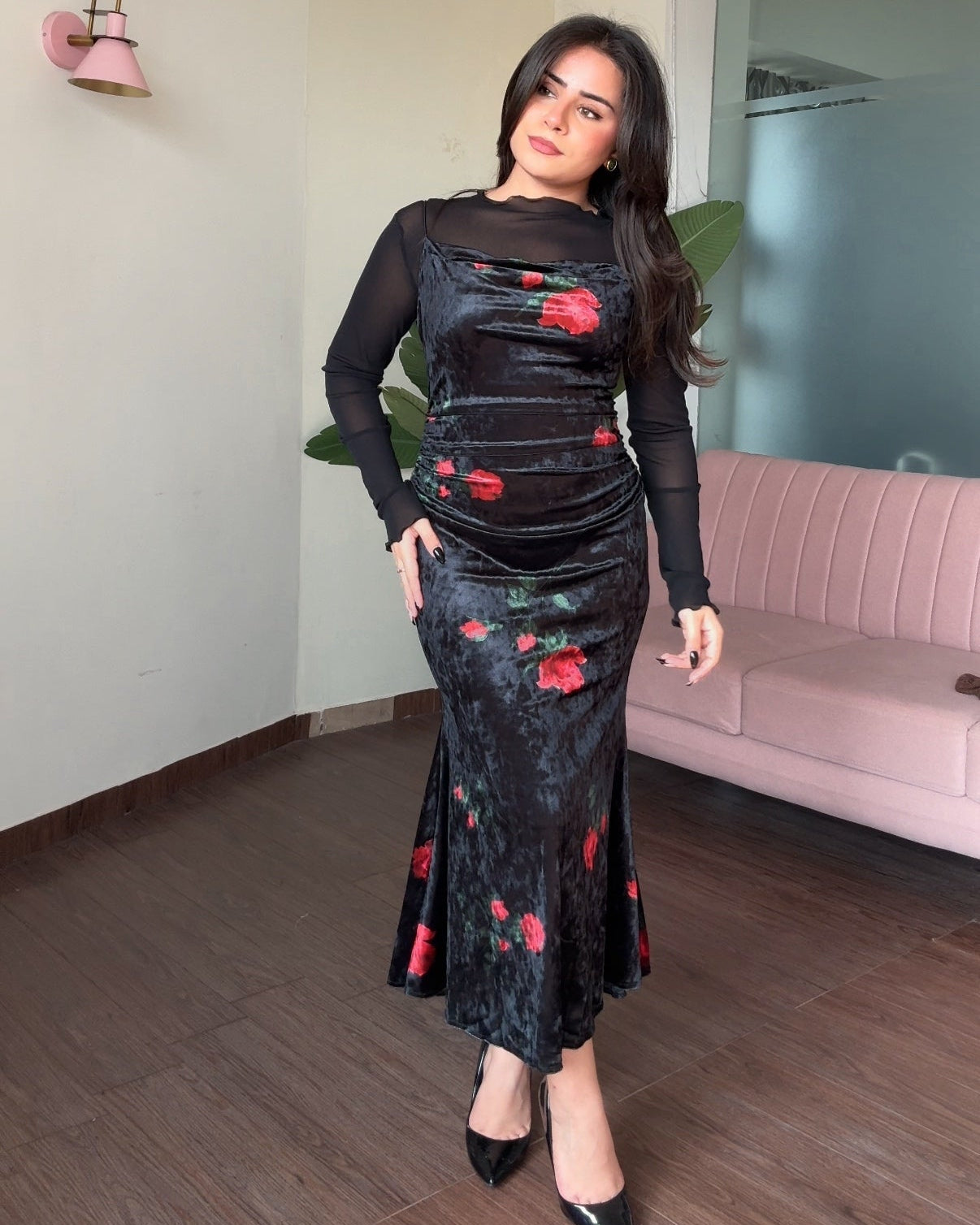 Printed Velvet Fitted Midi Dress With Inner