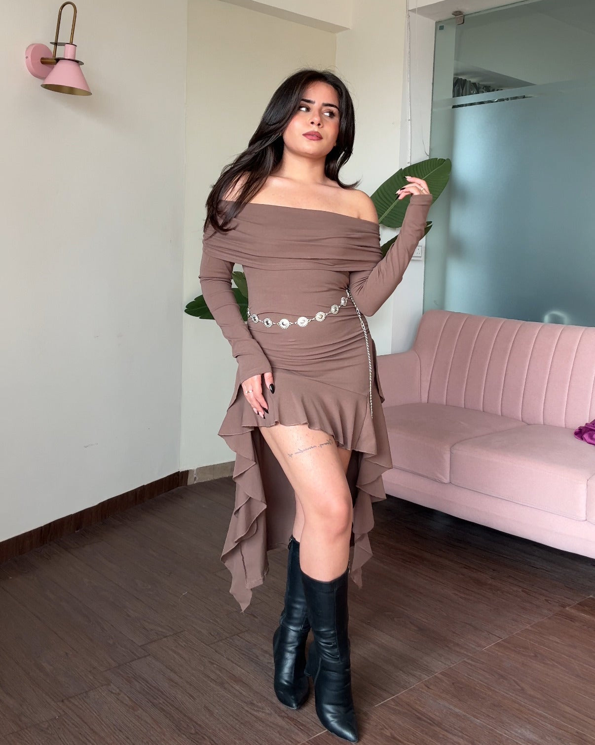 Off Shoulder High Low Ruffle Dress With Waist Chain