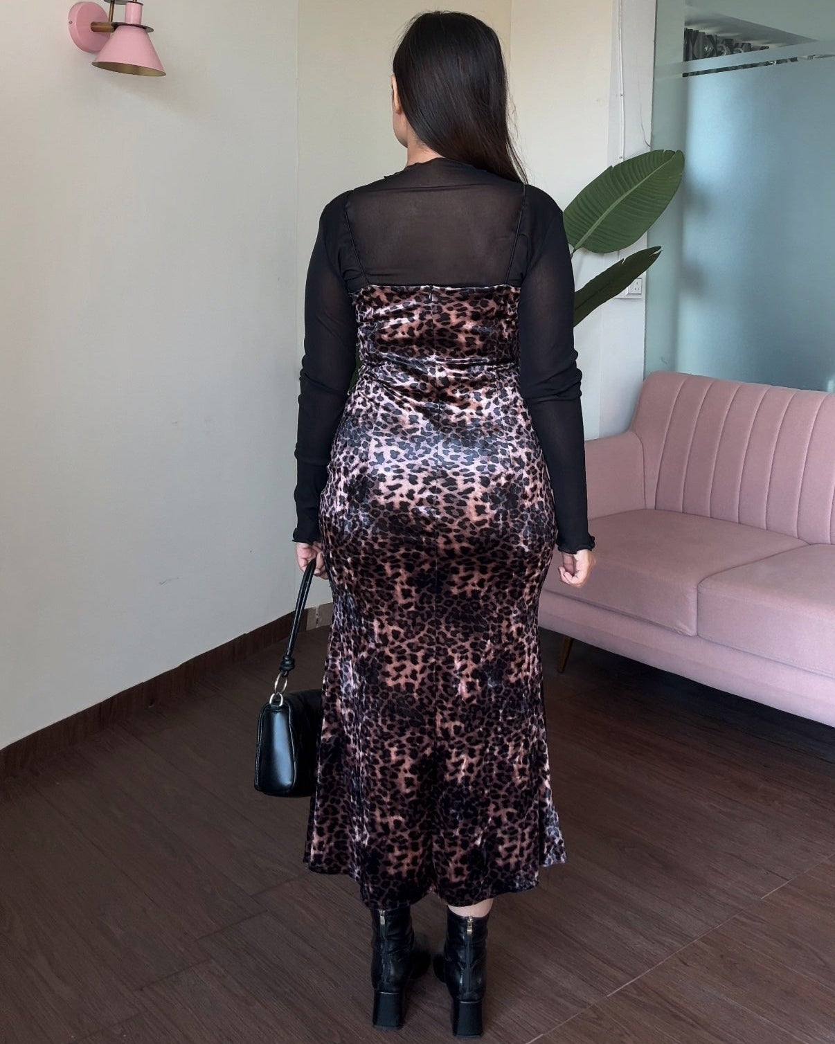 Printed Velvet Fitted Midi Dress With Inner