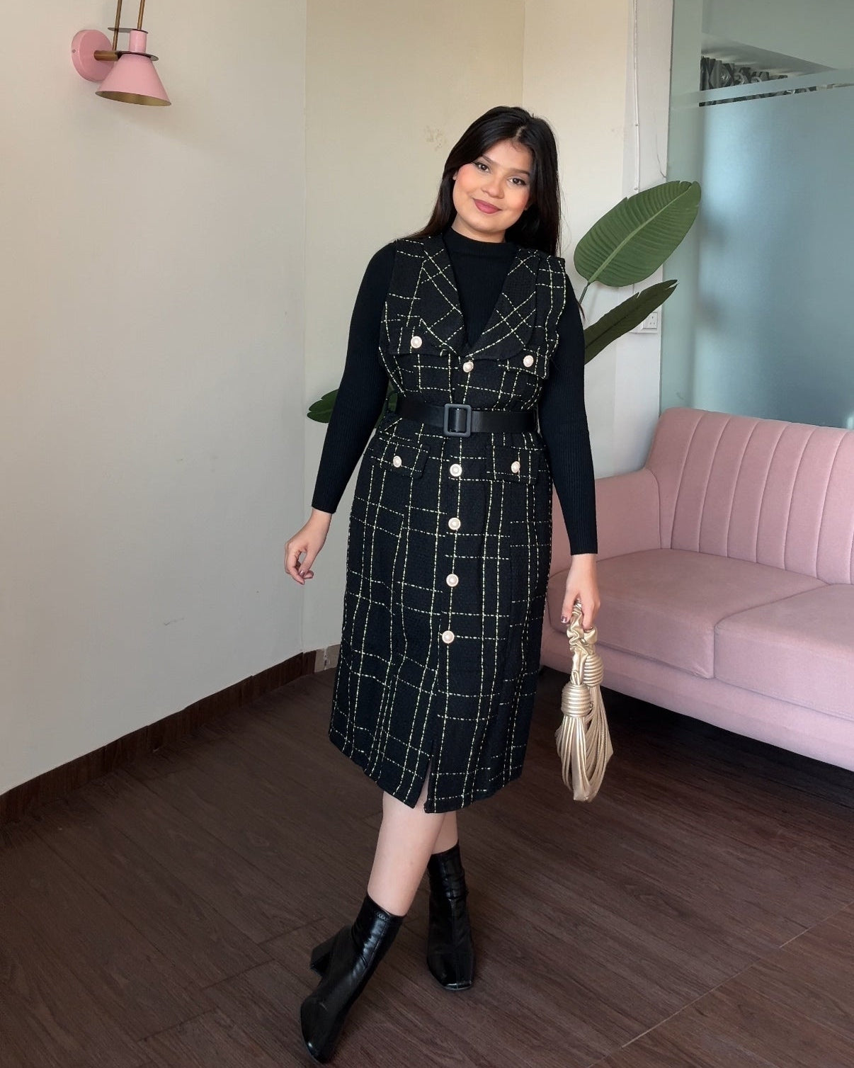 3 Piece Long Tweed Dress With Belt And Inner