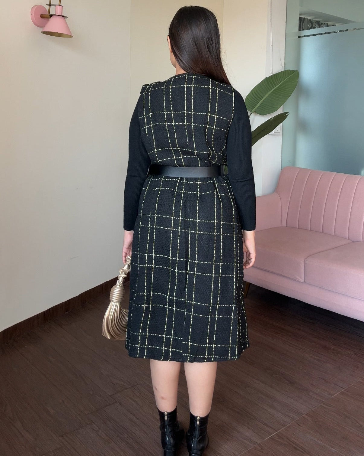3 Piece Long Tweed Dress With Belt And Inner
