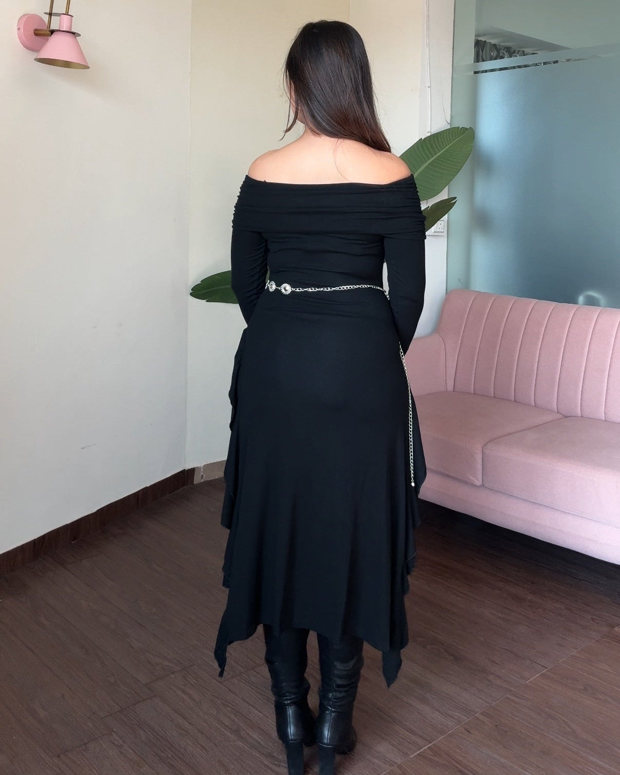 Off Shoulder High Low Ruffle Dress With Waist Chain