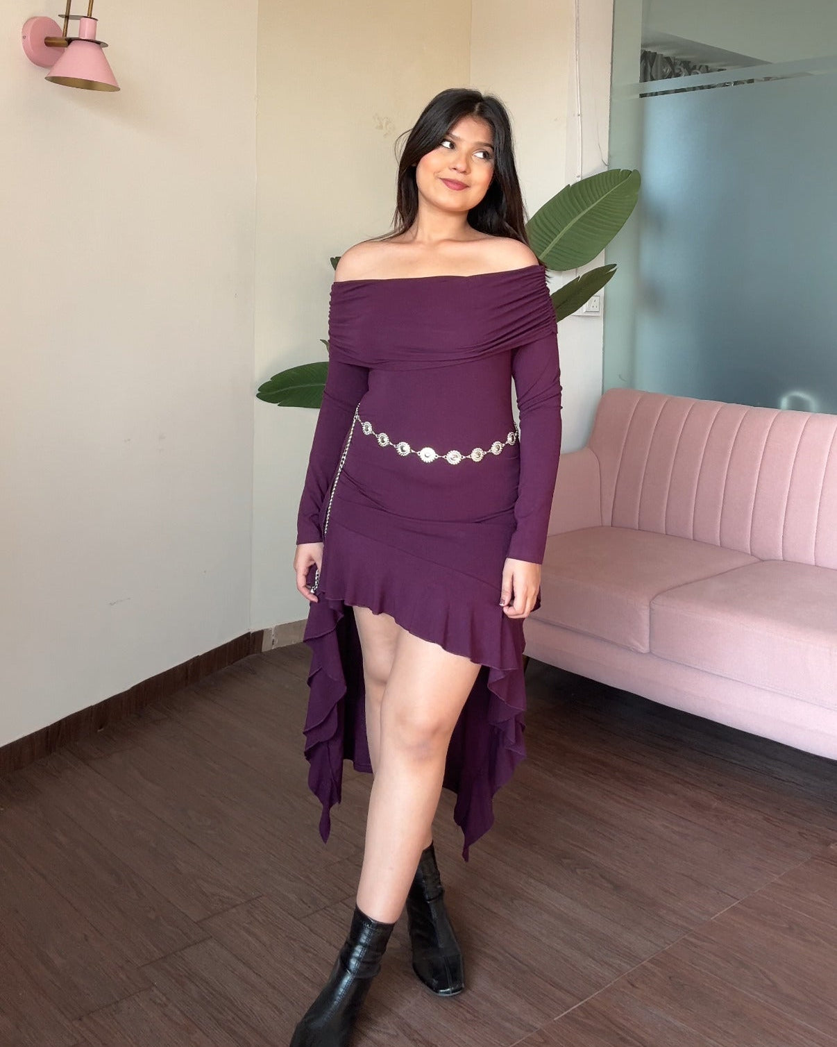 Off Shoulder High Low Ruffle Dress With Waist Chain