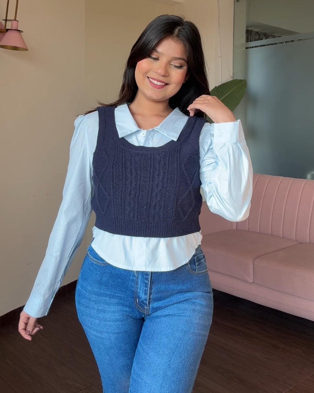 Textured Vest Detailing With Button Up Shirt