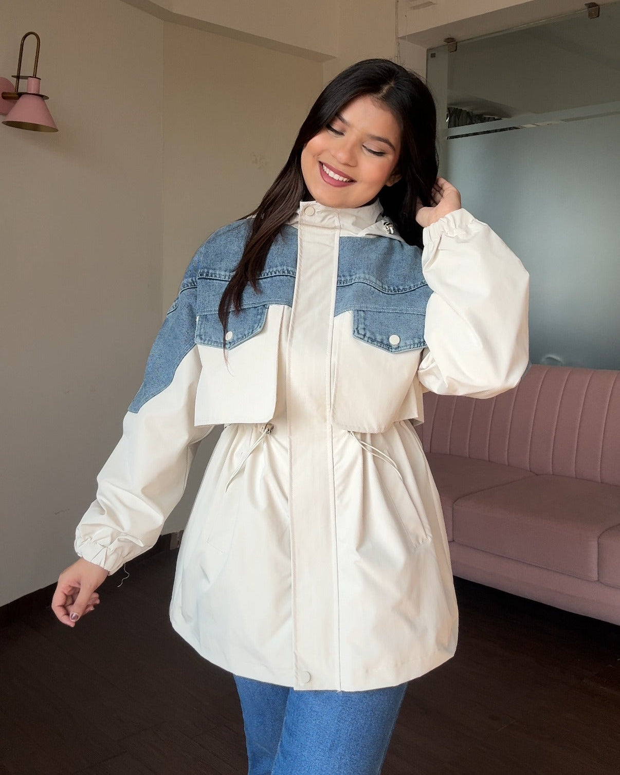 Denim Detailing Waist Adjustable Trench Coat