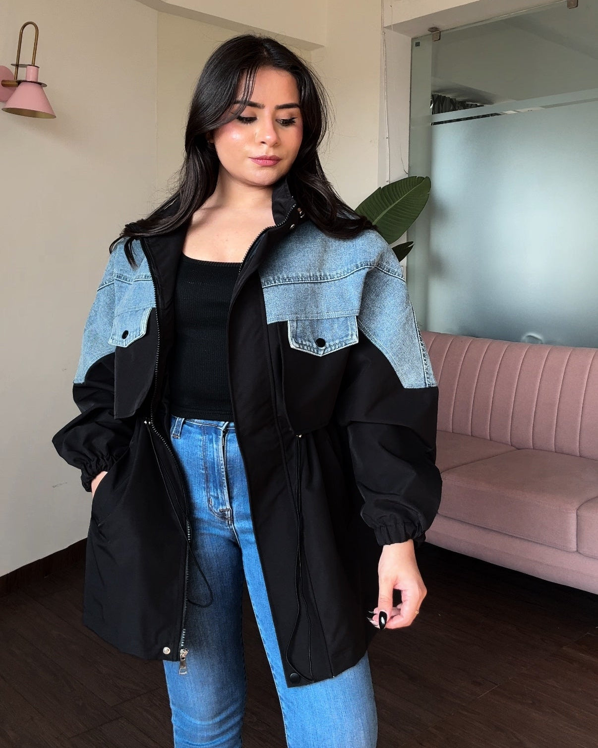 Denim Detailing Waist Adjustable Trench Coat