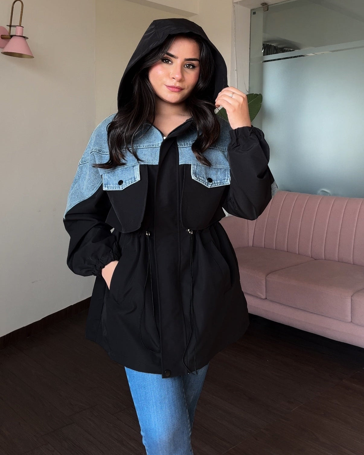 Denim Detailing Waist Adjustable Trench Coat