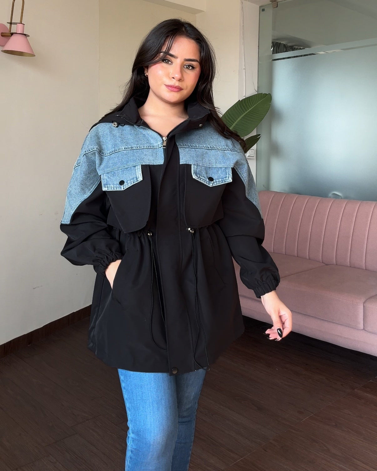 Denim Detailing Waist Adjustable Trench Coat