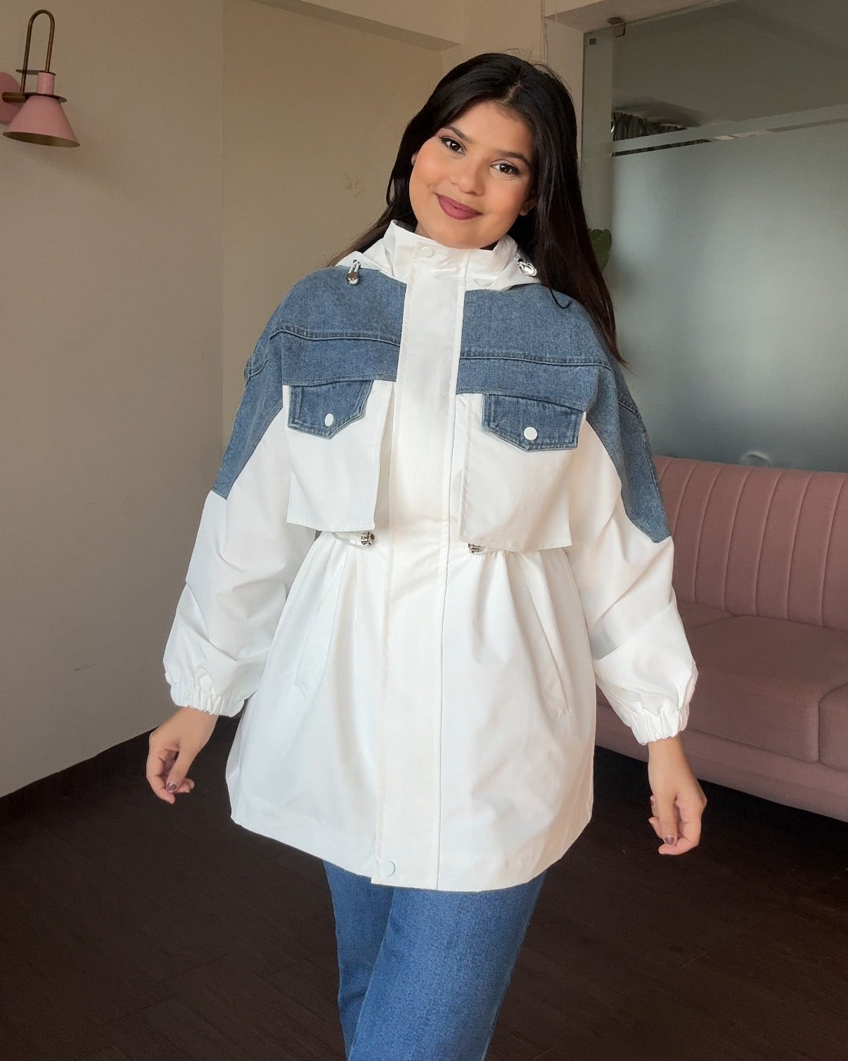 Denim Detailing Waist Adjustable Trench Coat