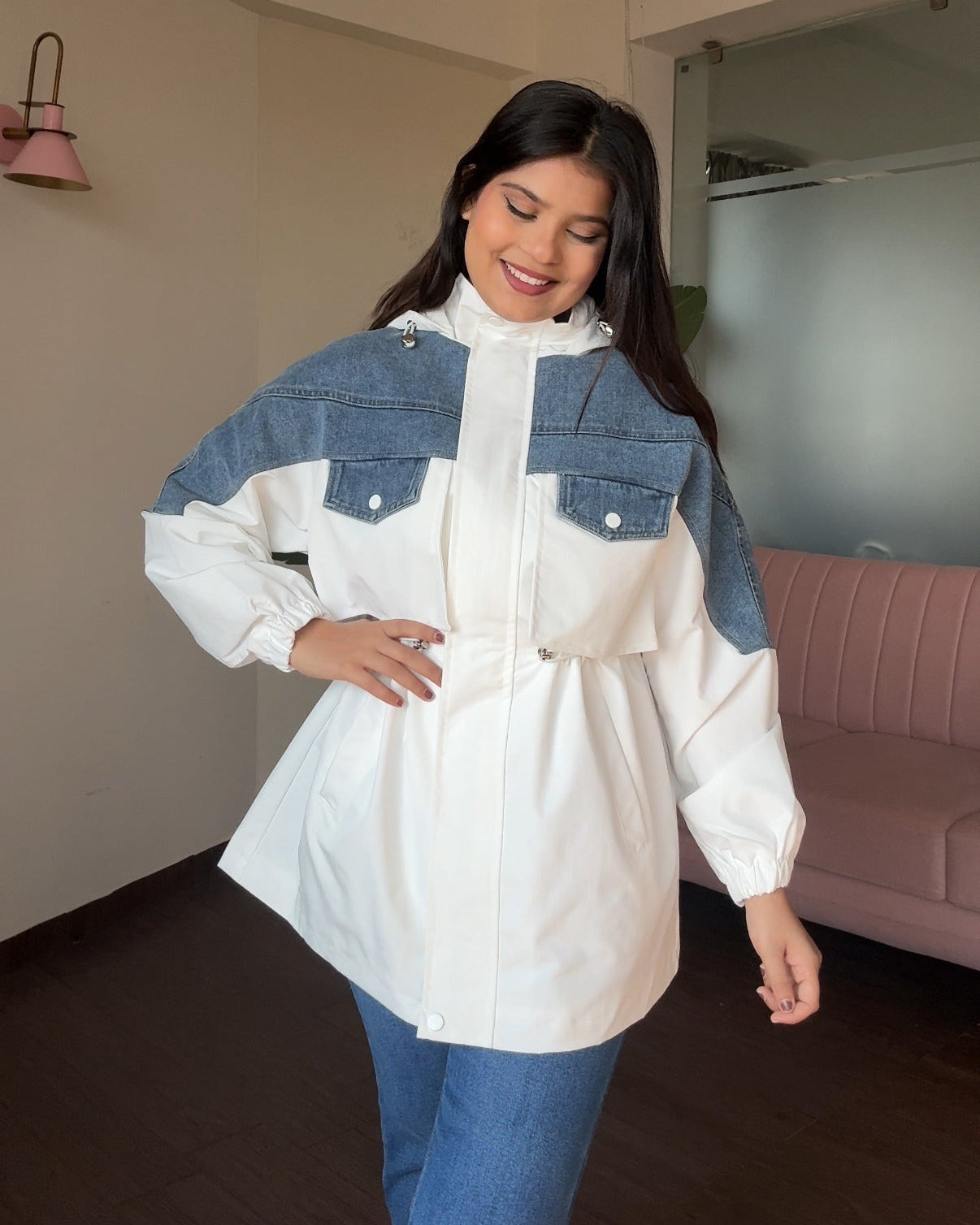 Denim Detailing Waist Adjustable Trench Coat