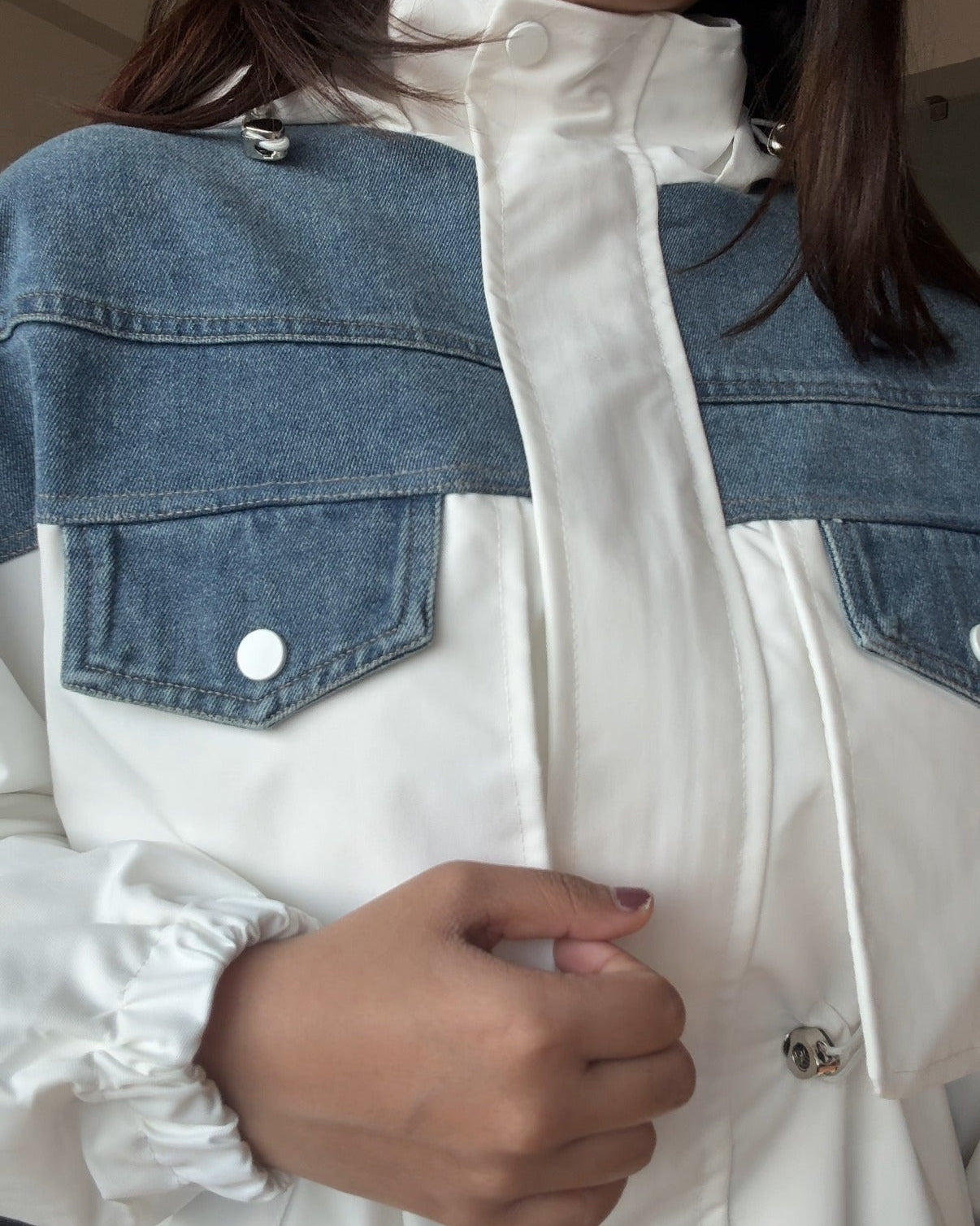 Denim Detailing Waist Adjustable Trench Coat