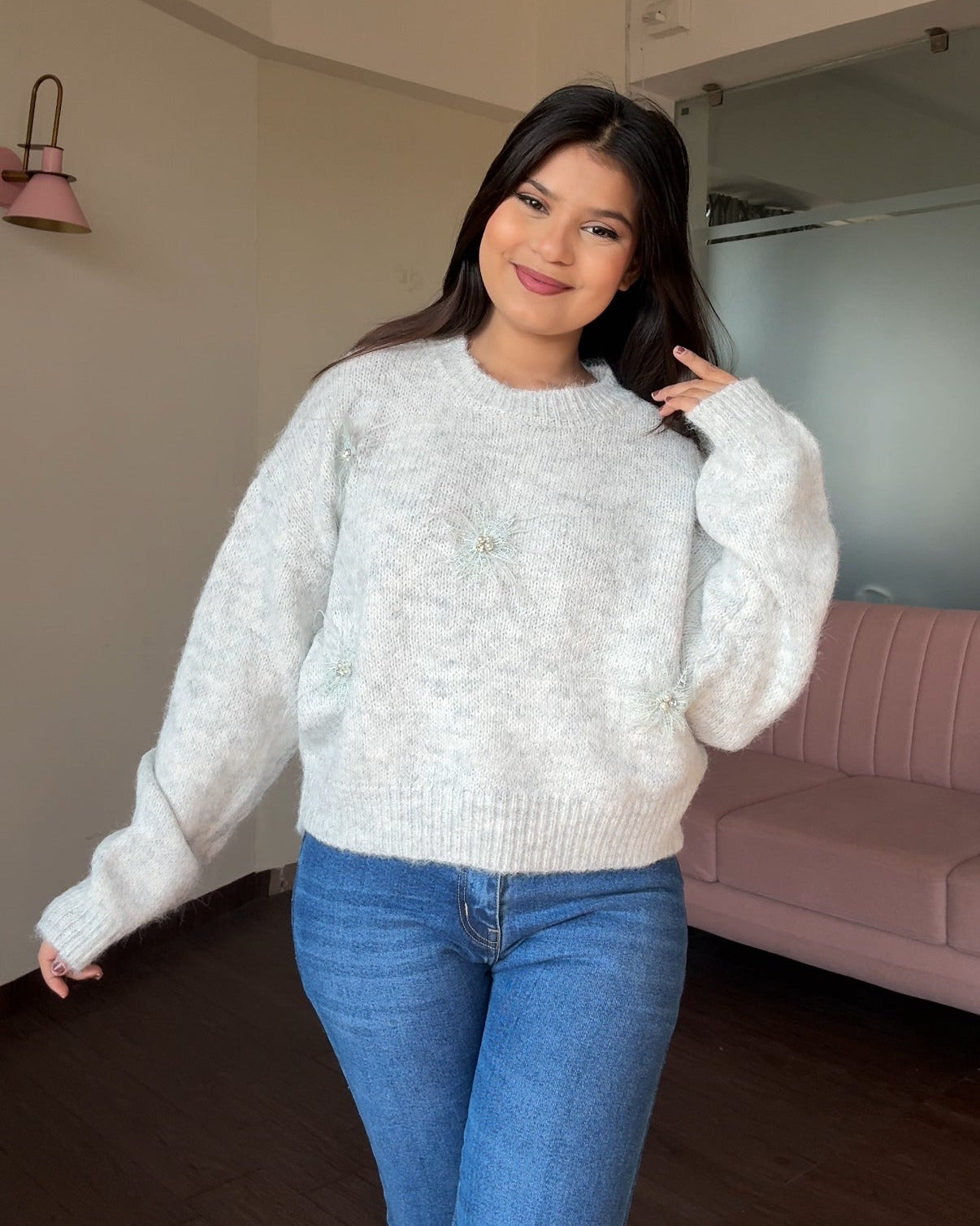 Pastel Relaxed Fit Lacy Flower Detailing Woollen Sweater