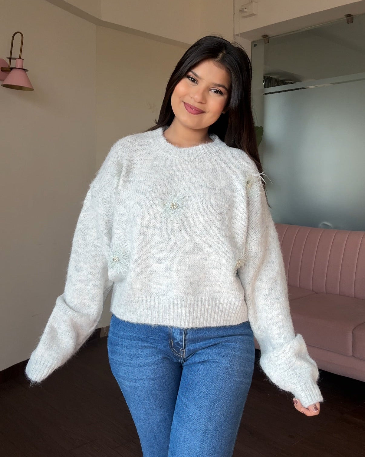 Pastel Relaxed Fit Lacy Flower Detailing Woollen Sweater