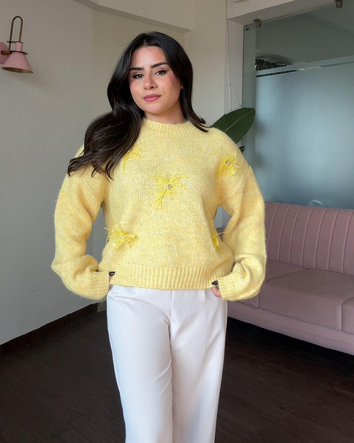 Pastel Relaxed Fit Lacy Flower Detailing Woollen Sweater